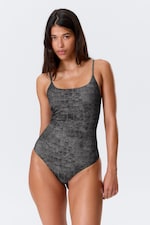 Dark Grey - Alligator Print - Square Neck Printed Swimsuit - 0