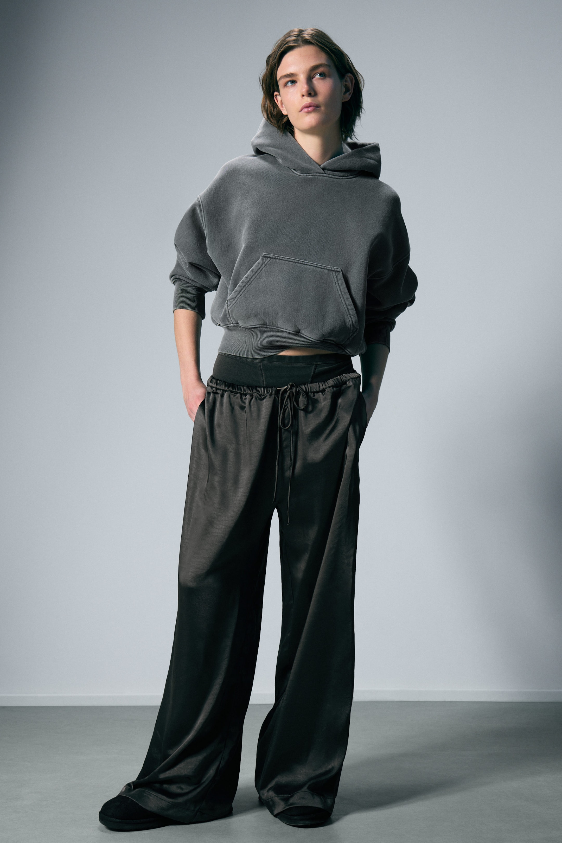 Washed Dark Grey - Washed Satin Pyjama Trousers - 1