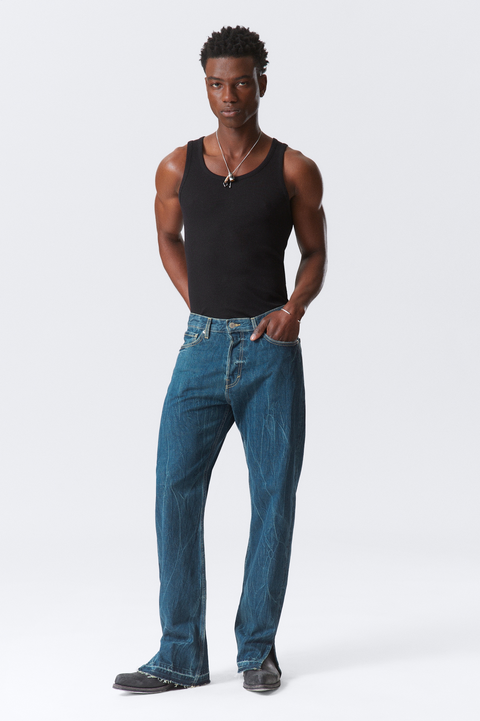 Space Split-Hem Relaxed Straight Leg Jeans - Gnarly Blue - Medium Blue