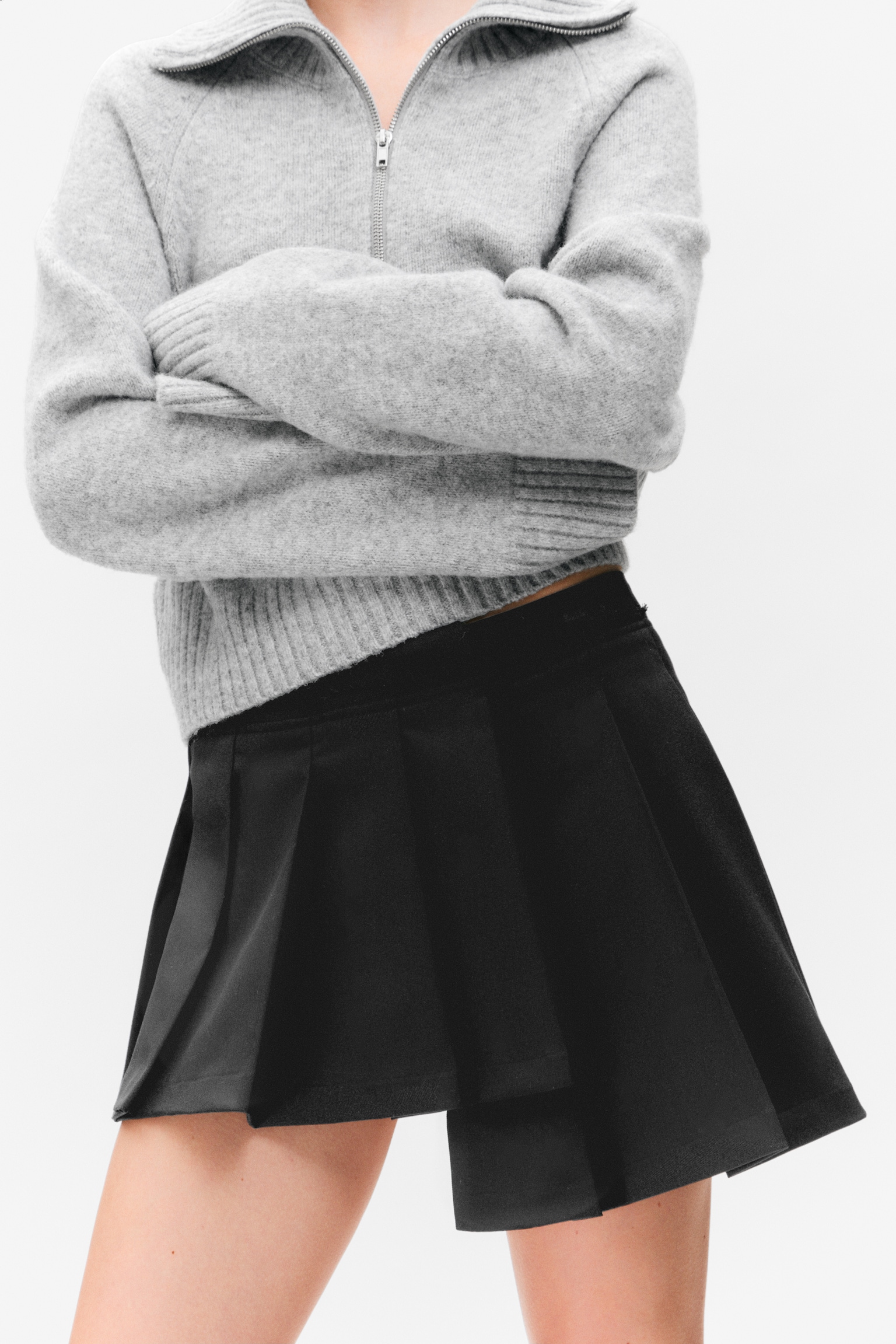 Asymmetric Pleated Wrap Mini Skirt - Black/Dusty Dark Green Check - 3