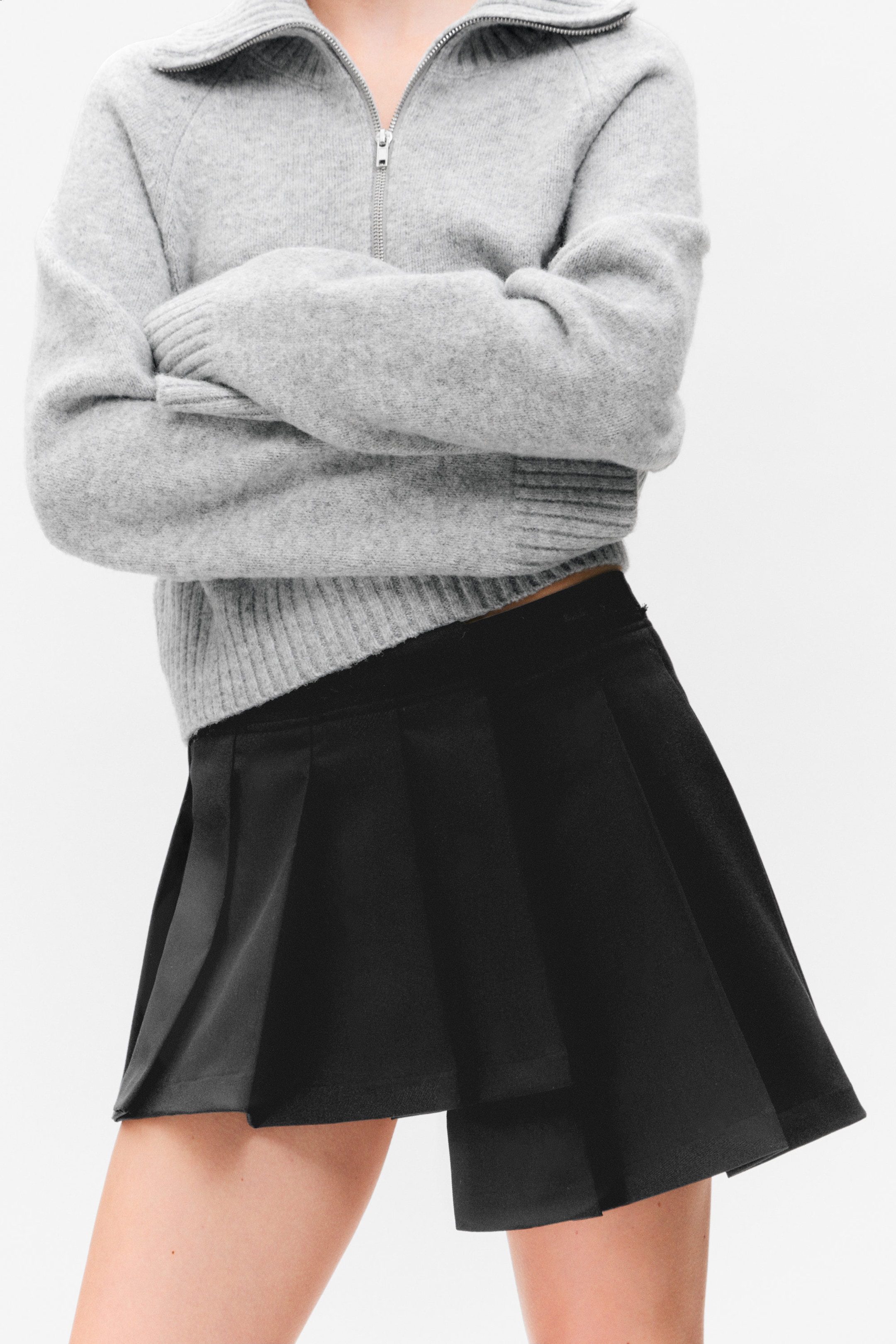Black - Asymmetric Pleated Wrap Mini Skirt - 2