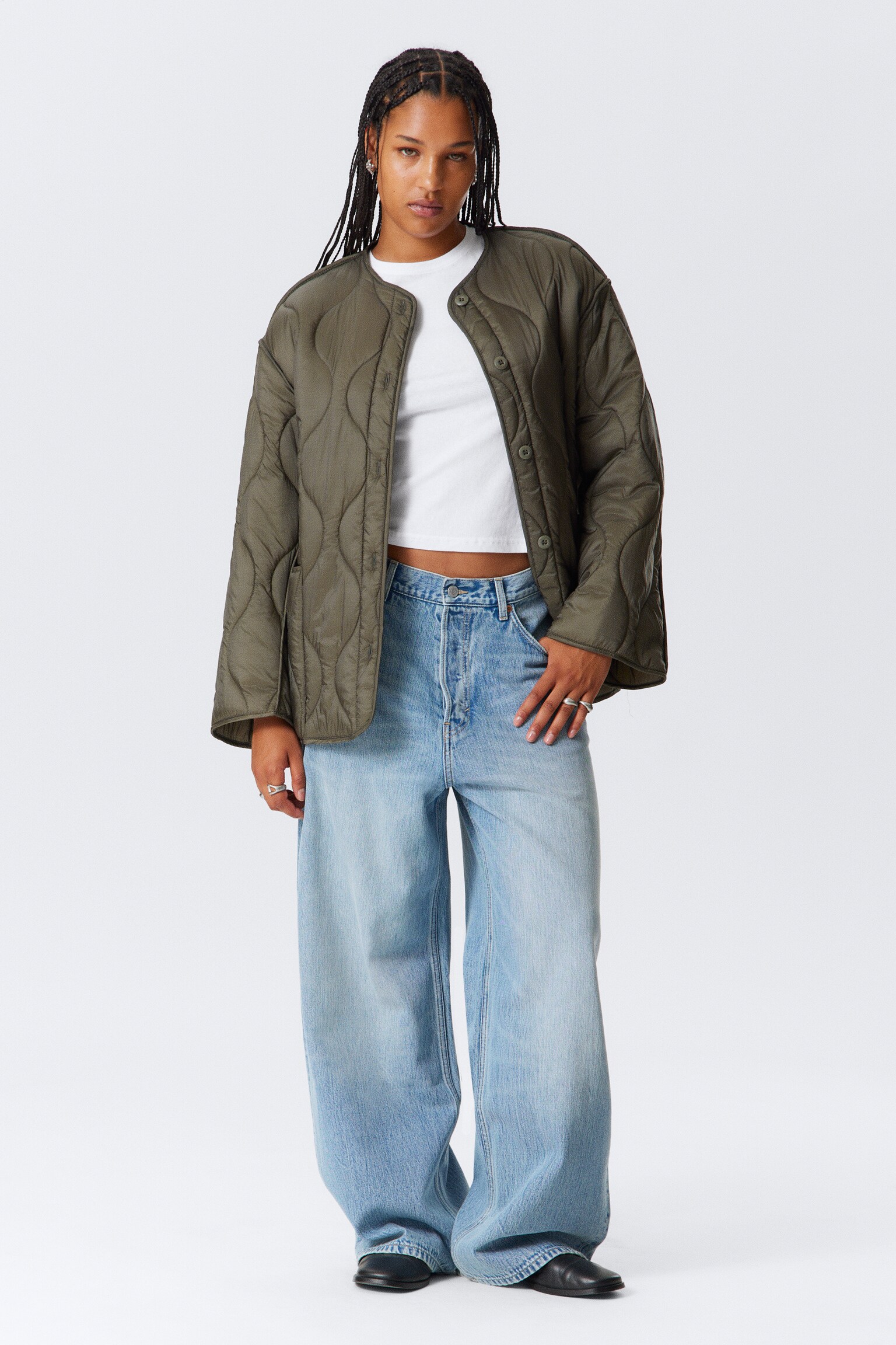 Oversized Quilted Liner Jacket - Dark Khaki Green