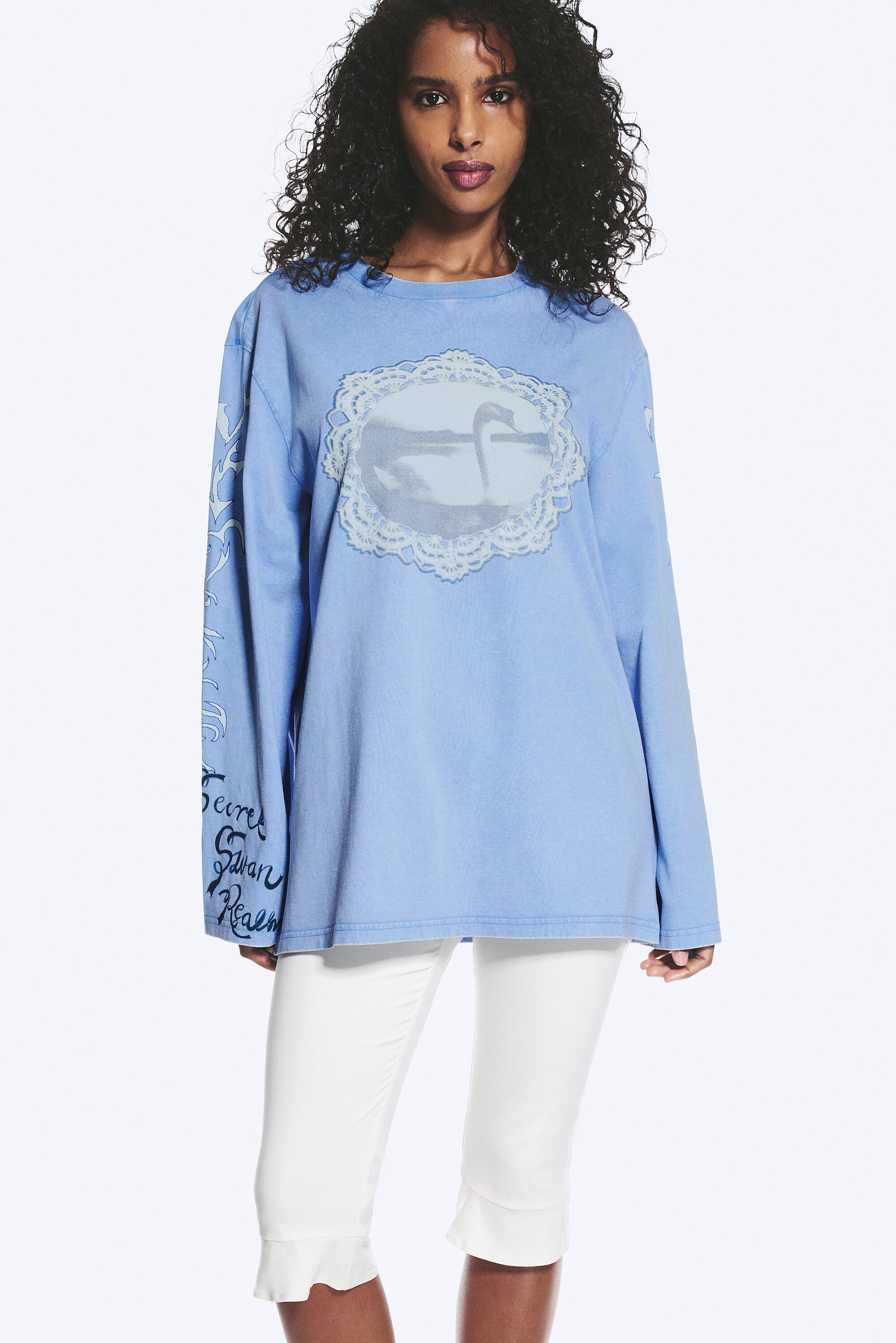 Mittelblau - Swan - Bedrucktes Longsleeve-Shirt aus Baumwolle - 1