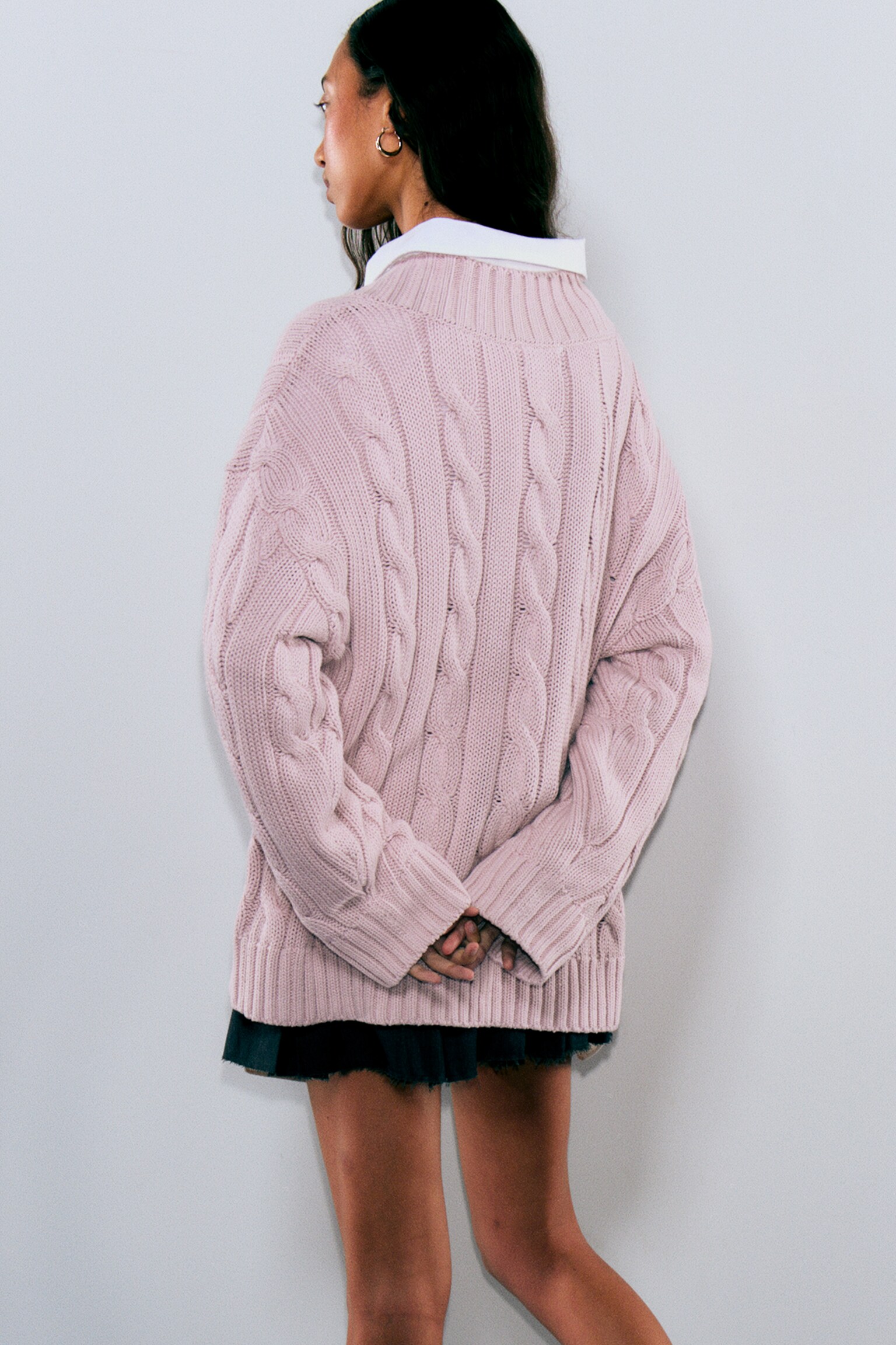 Cable Knit V-Neck Sweater - Dusty Pink/White - 5
