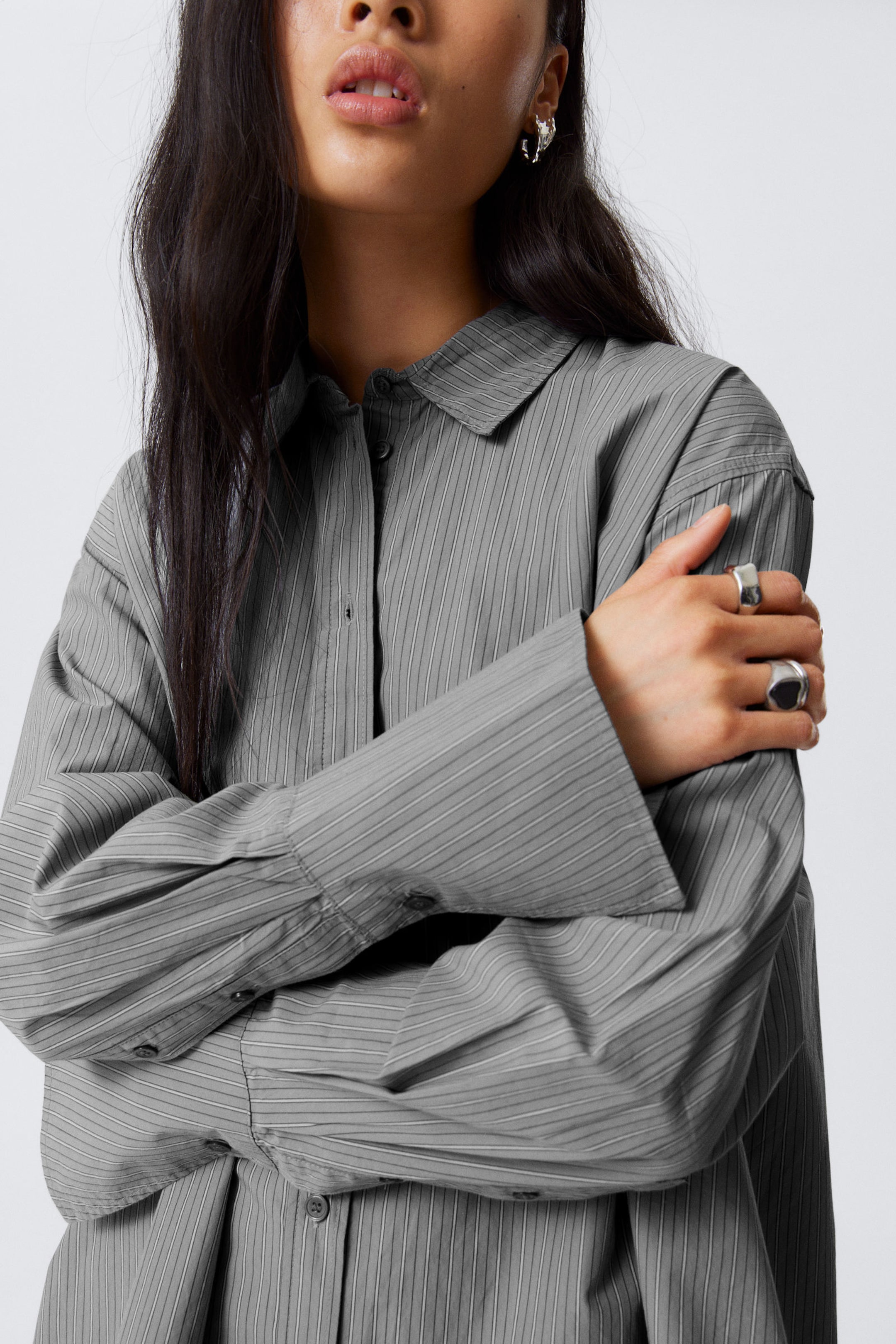 Striped Grey - Mini Cotton Poplin Shirt Dress - 2