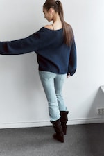 Dark Blue - Oversized Knitted V-Neck Sweater - 2