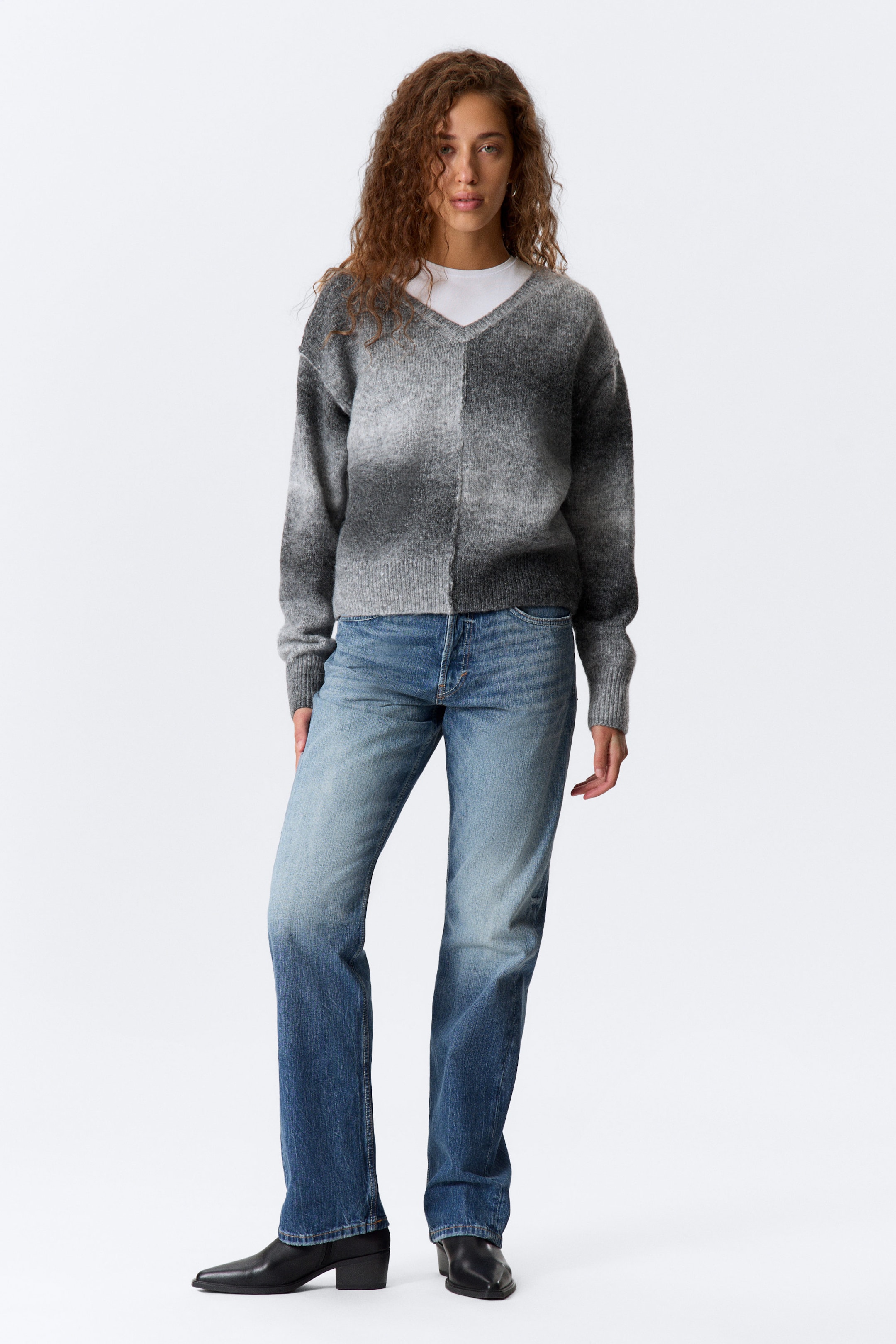 Grey Space Dye - Space Dye V-Neck Knitted Sweater - 2