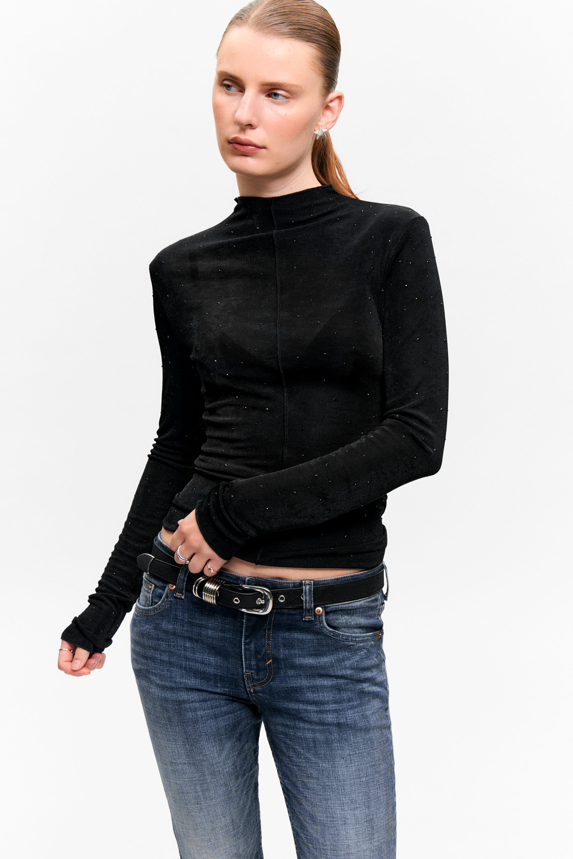 Svart - Strass - Långärmad mockneck-topp med strass - 1