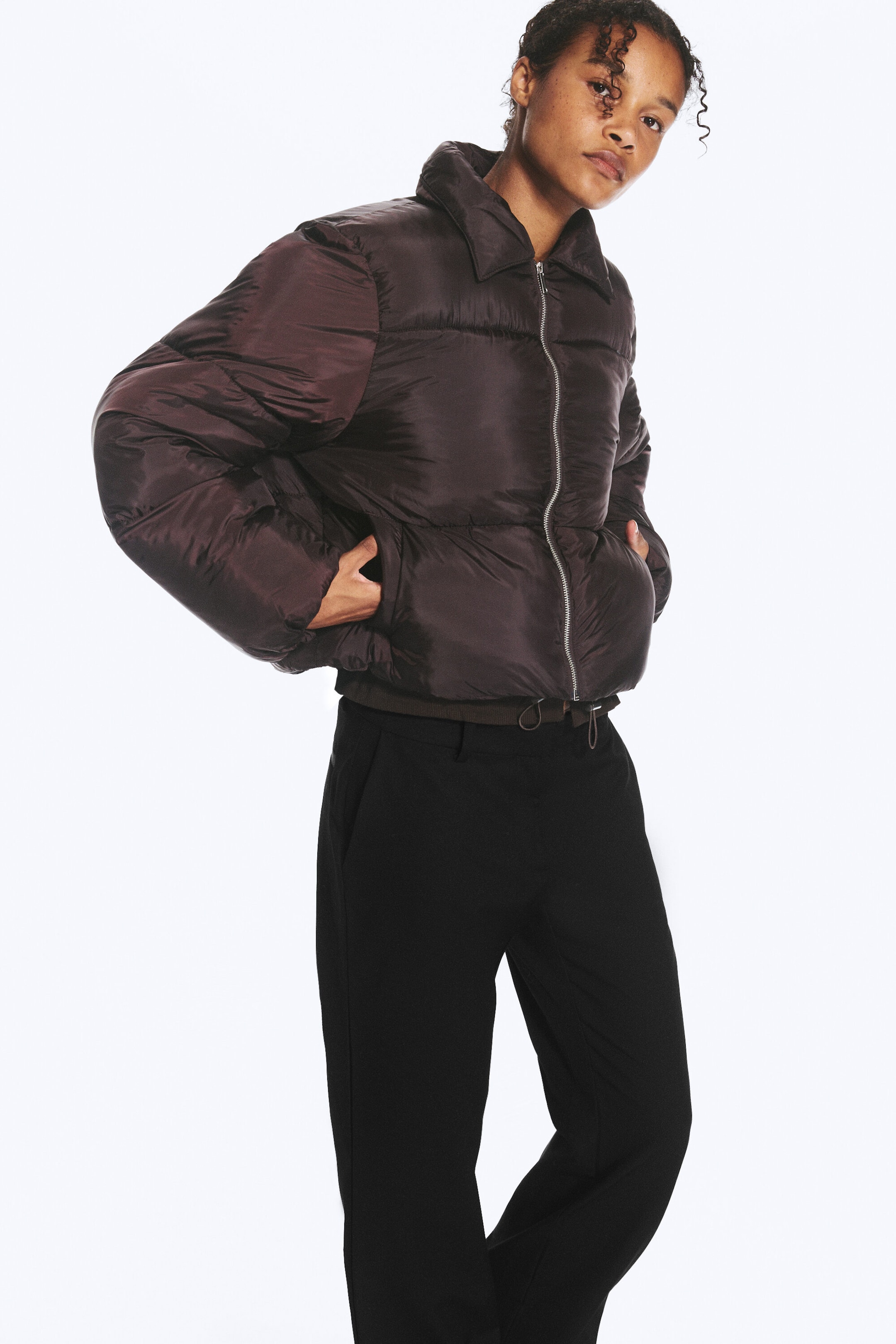 Dark Brown - Collared Puffer Jacket - 2