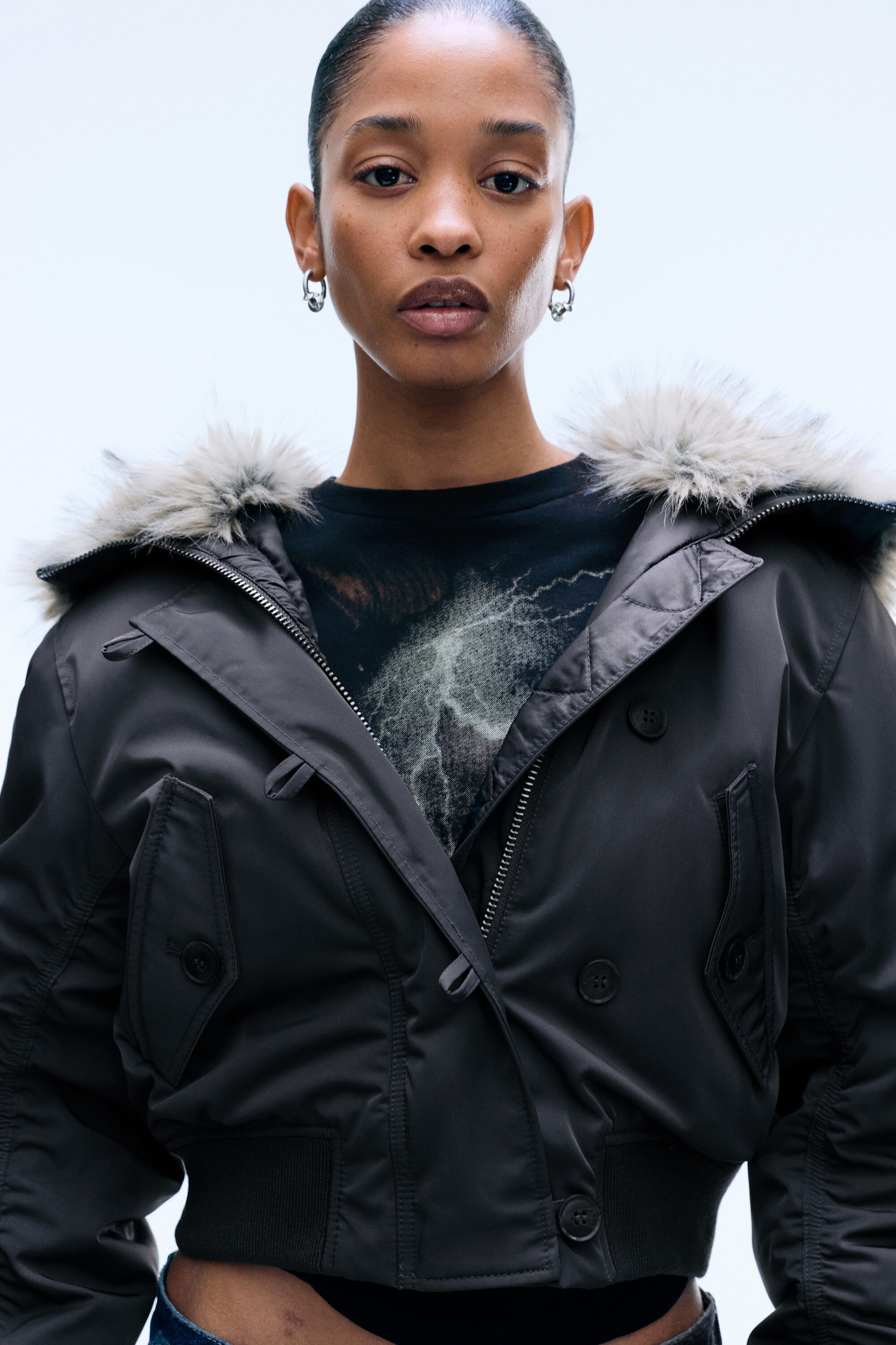 Dark Grey - Cropped bomber with faux fur hood - 2