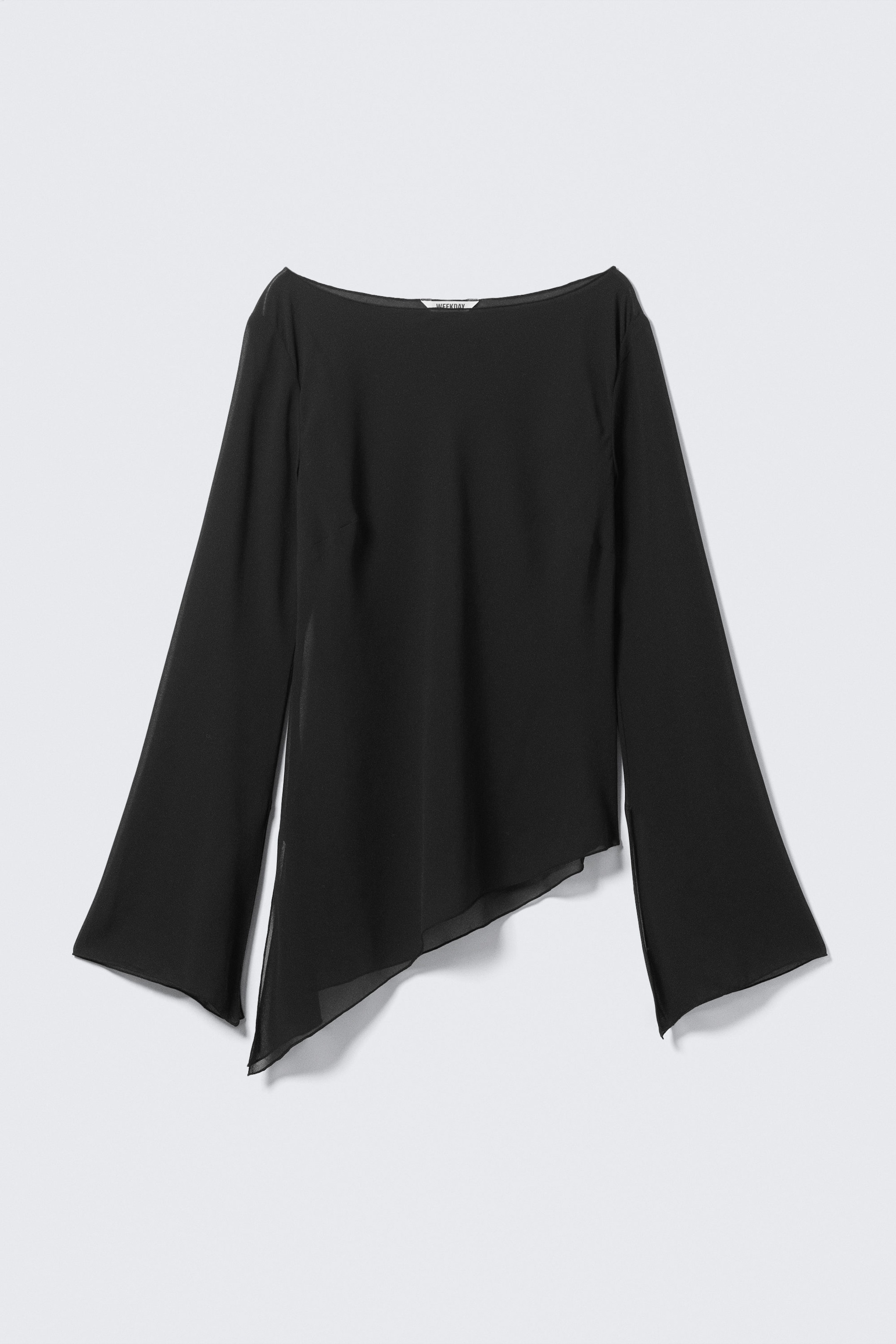 Black - Sheer Asymmetric Long-Sleeved Blouse - 1