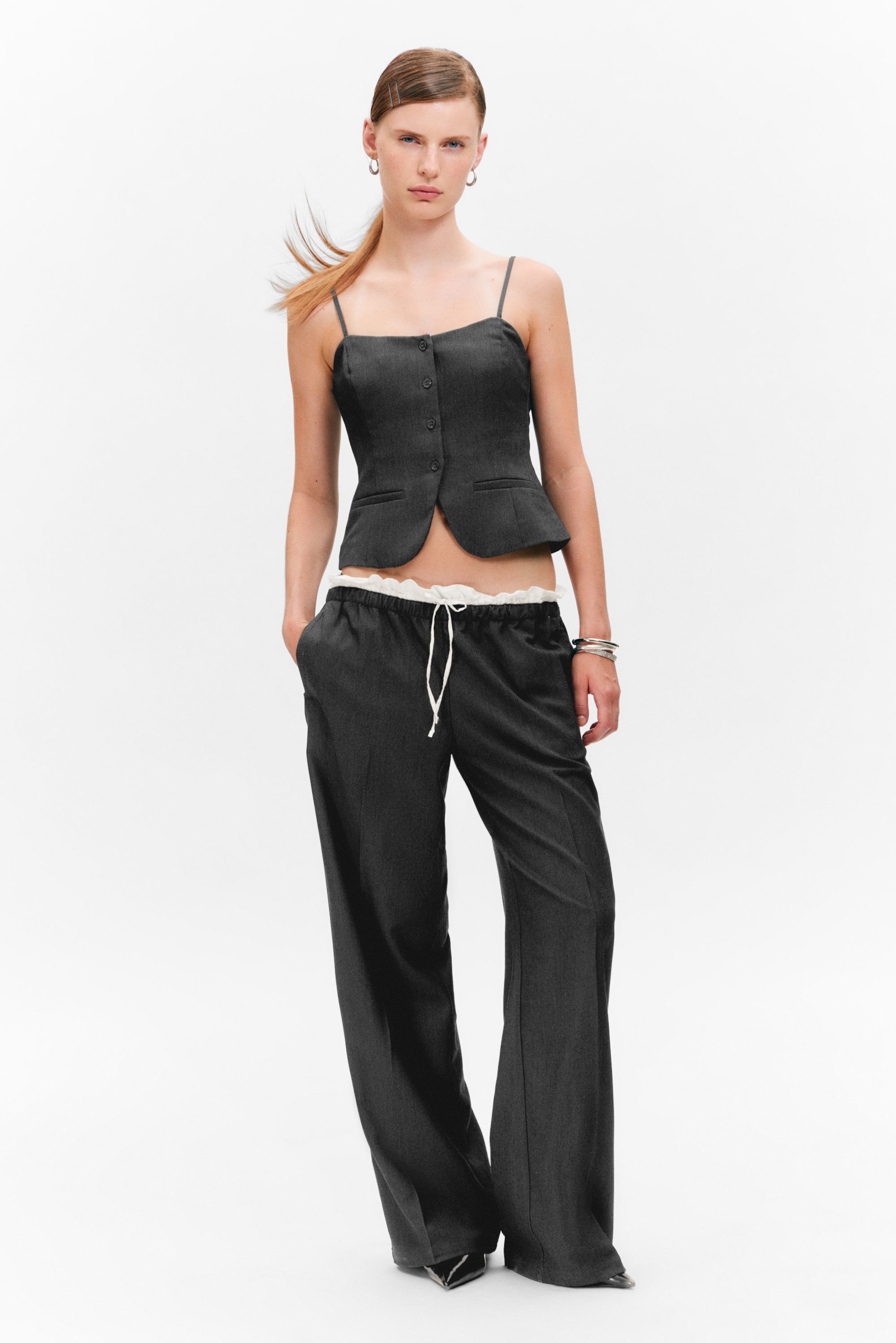 Dark Grey - Pull-On Mid-Rise Suiting Trousers - 1