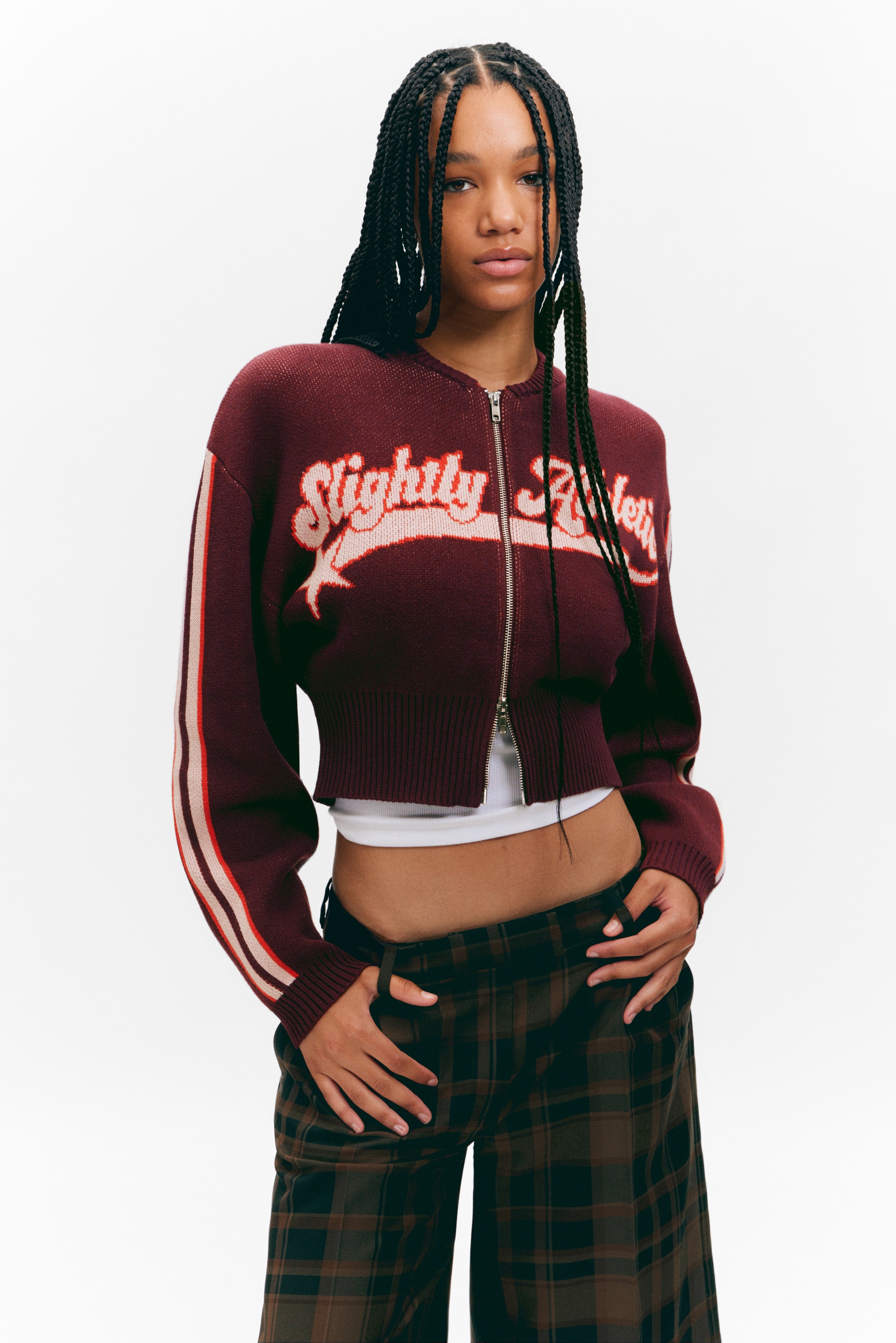 Kurze Jacquard-Strickjacke mit Reißverschluss - Dunkelrot - Slightly Athletic