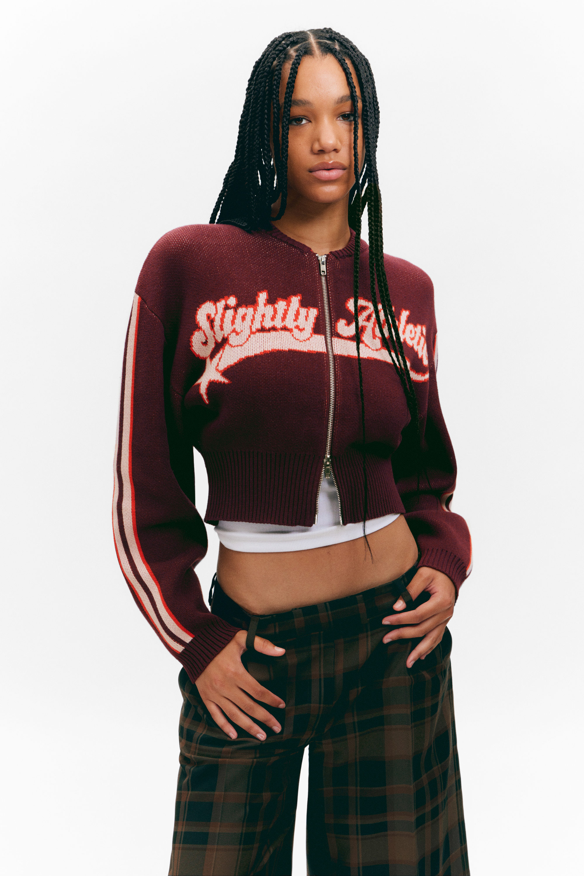 Dark Red - Slightly Athletic - Cropped jacquard vest met rits - 1