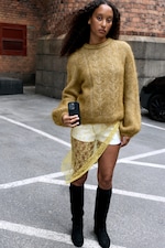Dusty Khaki Green - Balloon-sleeve Mohair Blend Sweater - 2
