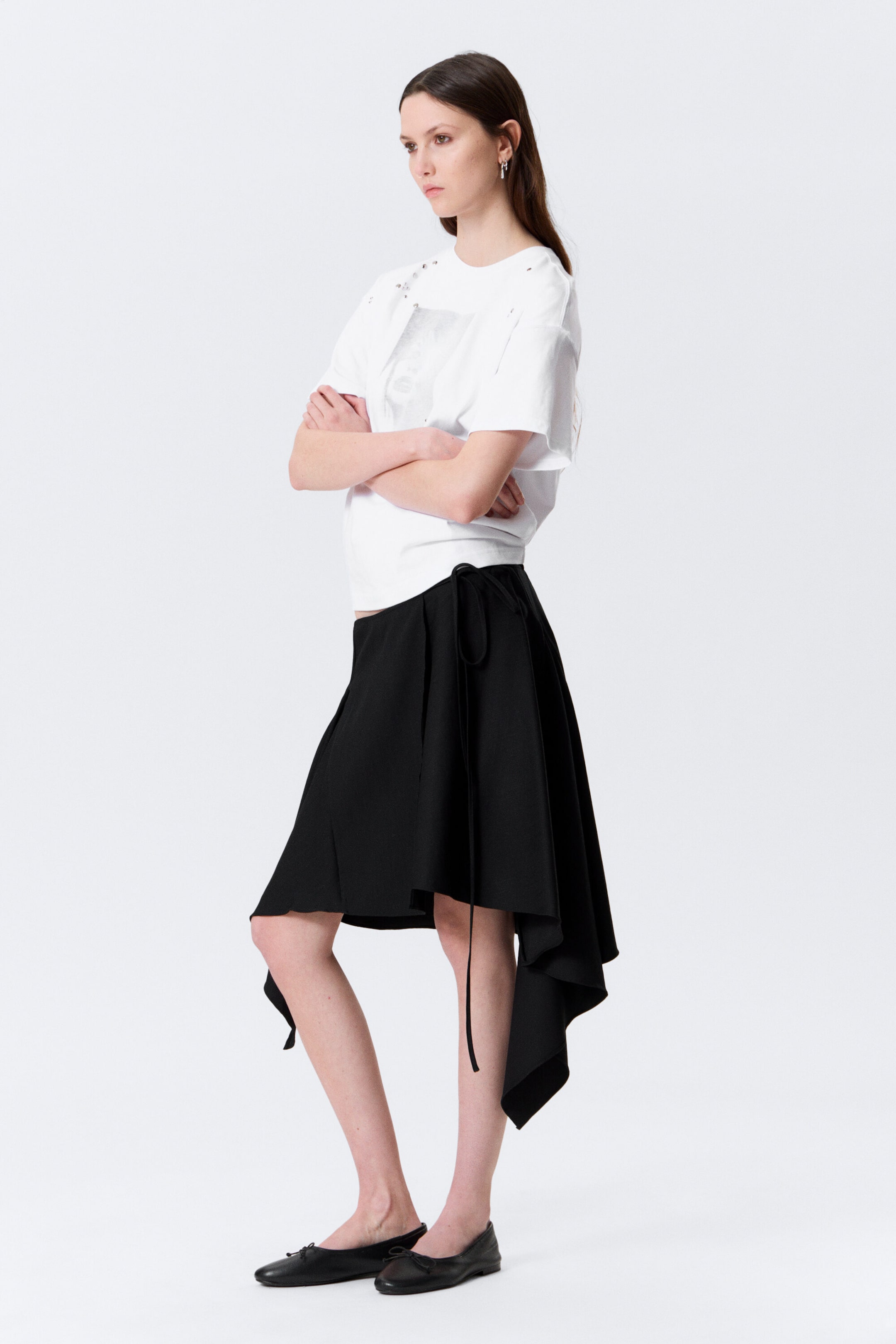 Black - Asymmetric Mid Rise Wrap Midi Skirt - 2