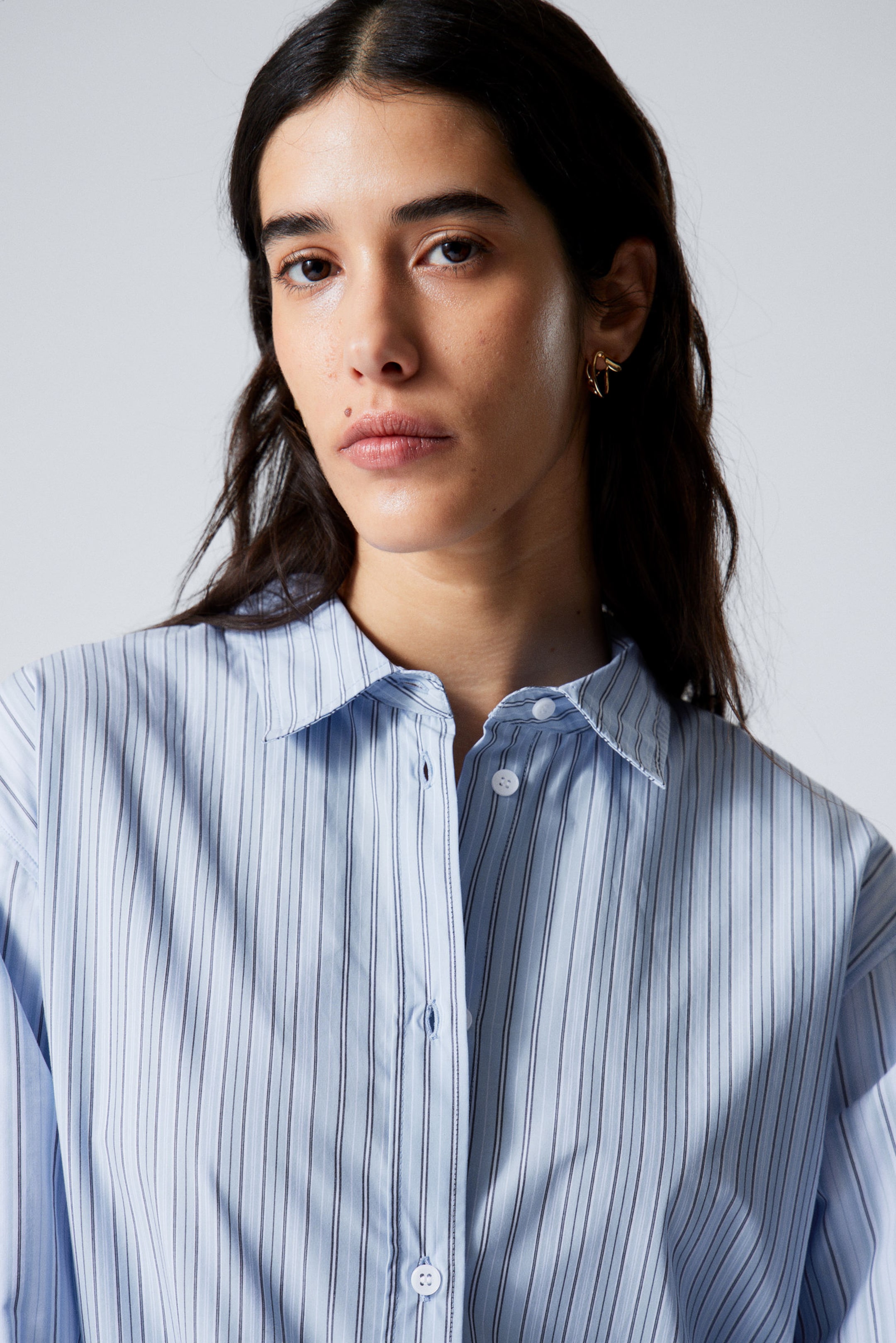 Striped Light Blue - Long-Sleeved Poplin Cotton Shirt - 1