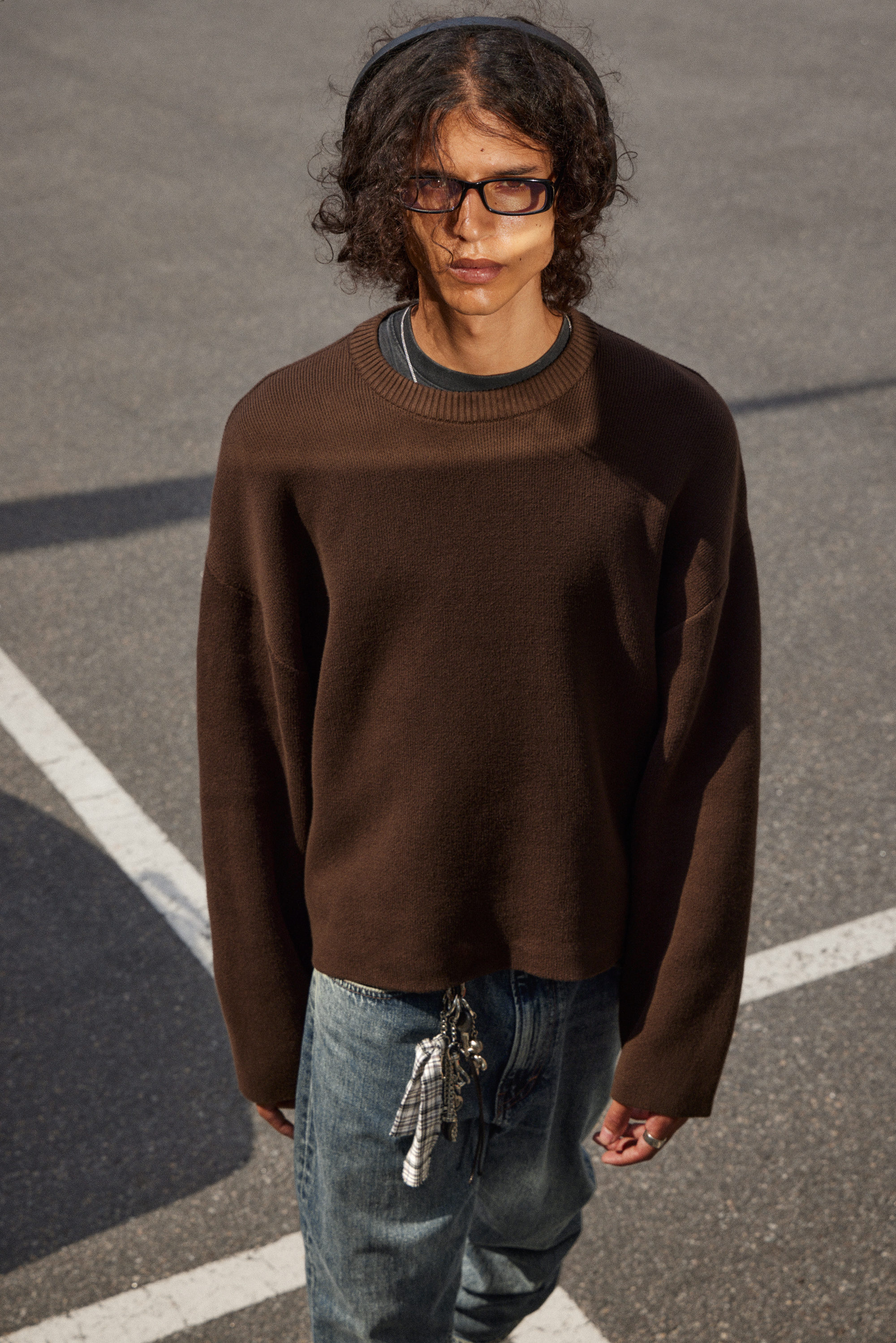 Dark Brown - Boxy Knitted Cotton Sweater - 1