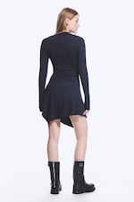 Dark Blue - Asymmetric Draped Mini Dress - 3