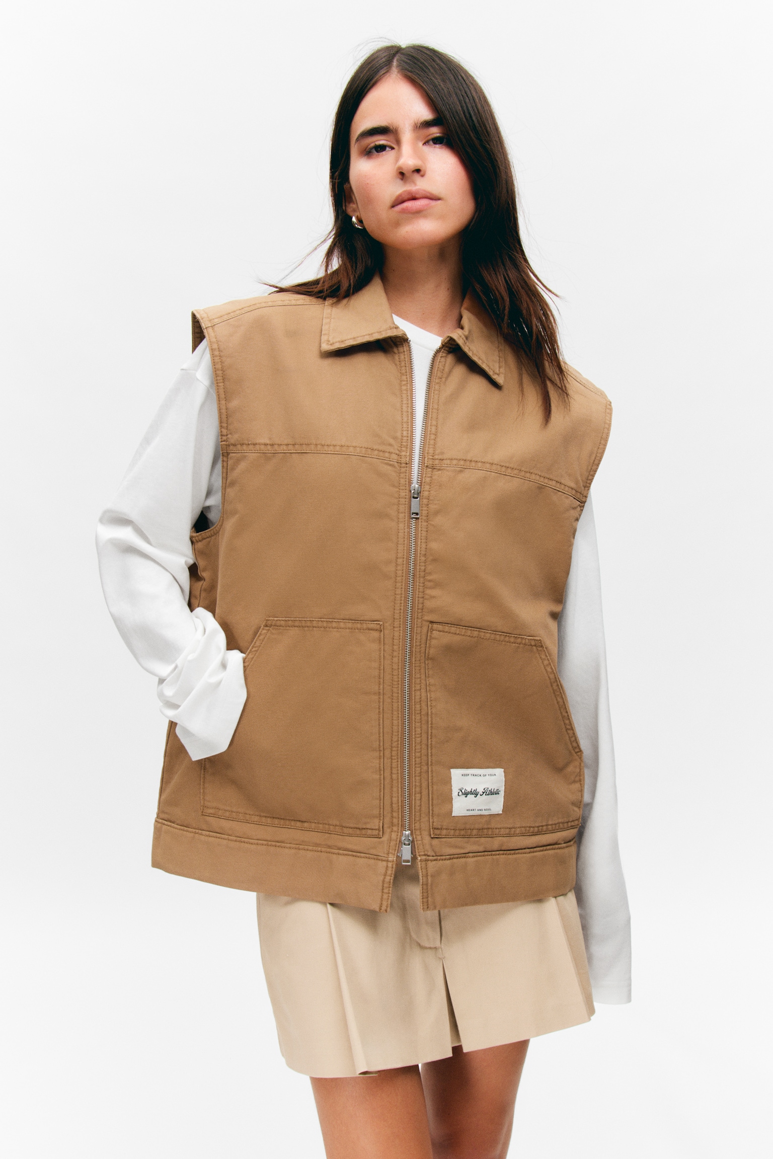 Lightly Padded Canvas Zip Vest - Brown/Black