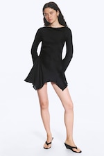 Black - Long-Sleeved Asymmetric Satin Mini Dress - 1