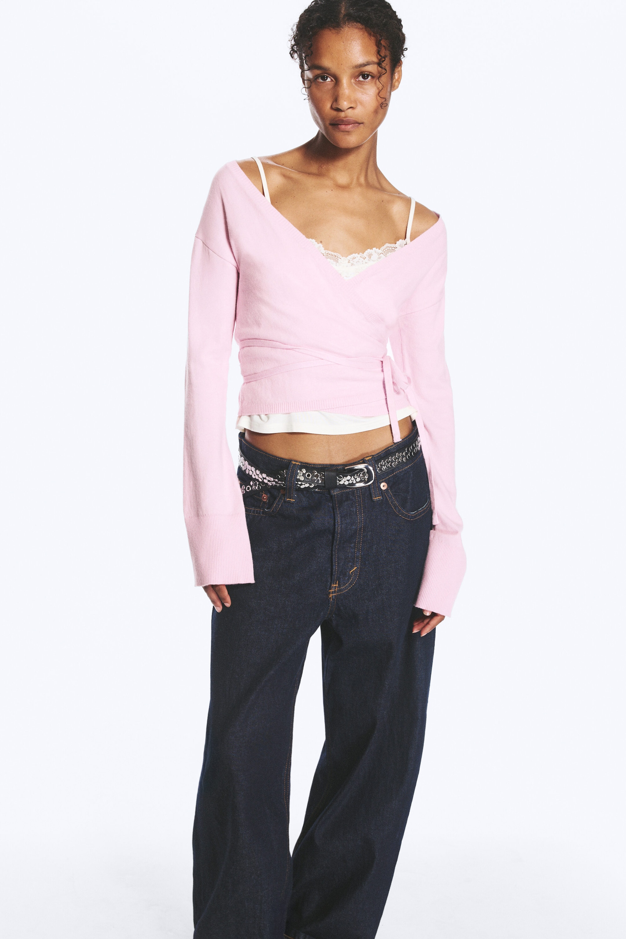Rose clair - Cardigan cache-cœur en maille col V - 1