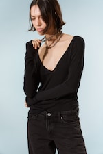 Black - Plunging V-neck Long-Sleeved Top - 1