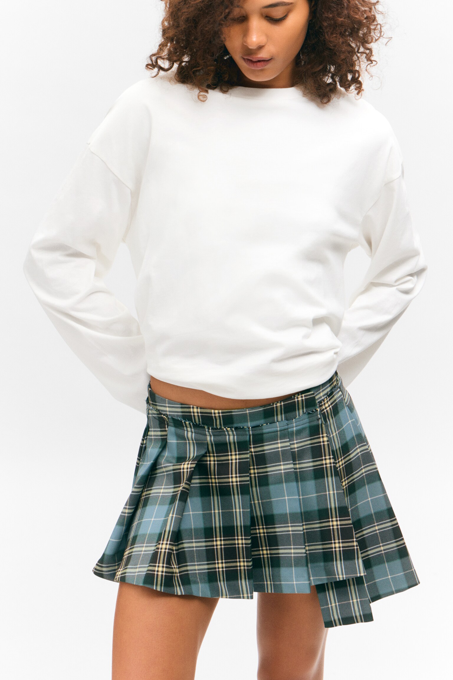 Asymmetric Pleated Wrap Mini Skirt - Dusty Dark Green Check/Black - 3