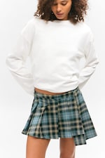 Dusty Dark Green Check - Asymmetric Pleated Wrap Mini Skirt - 1