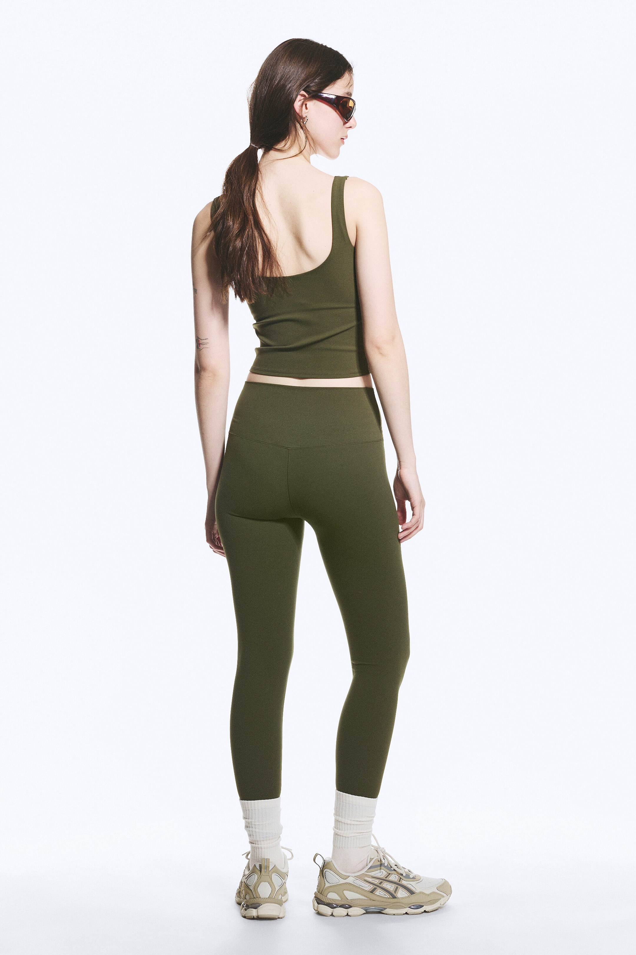 Dark Khaki Green - High Waisted Sports Tights - 2