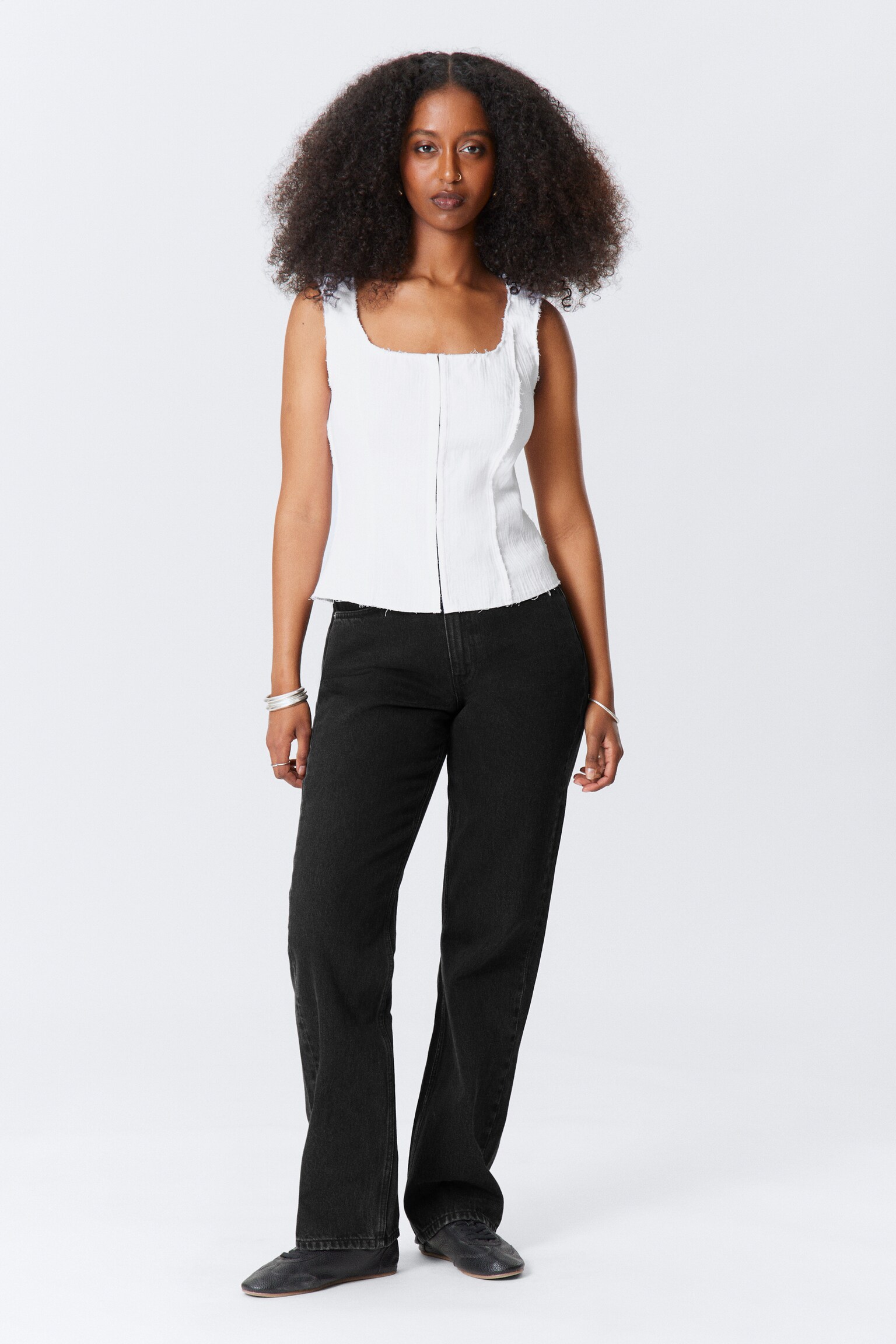 Square Neck Twill Corset Top - White/Dark Mole - 4