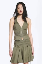 Vert kaki - Haut dos nu zippé col V à nouer à la taille - 0