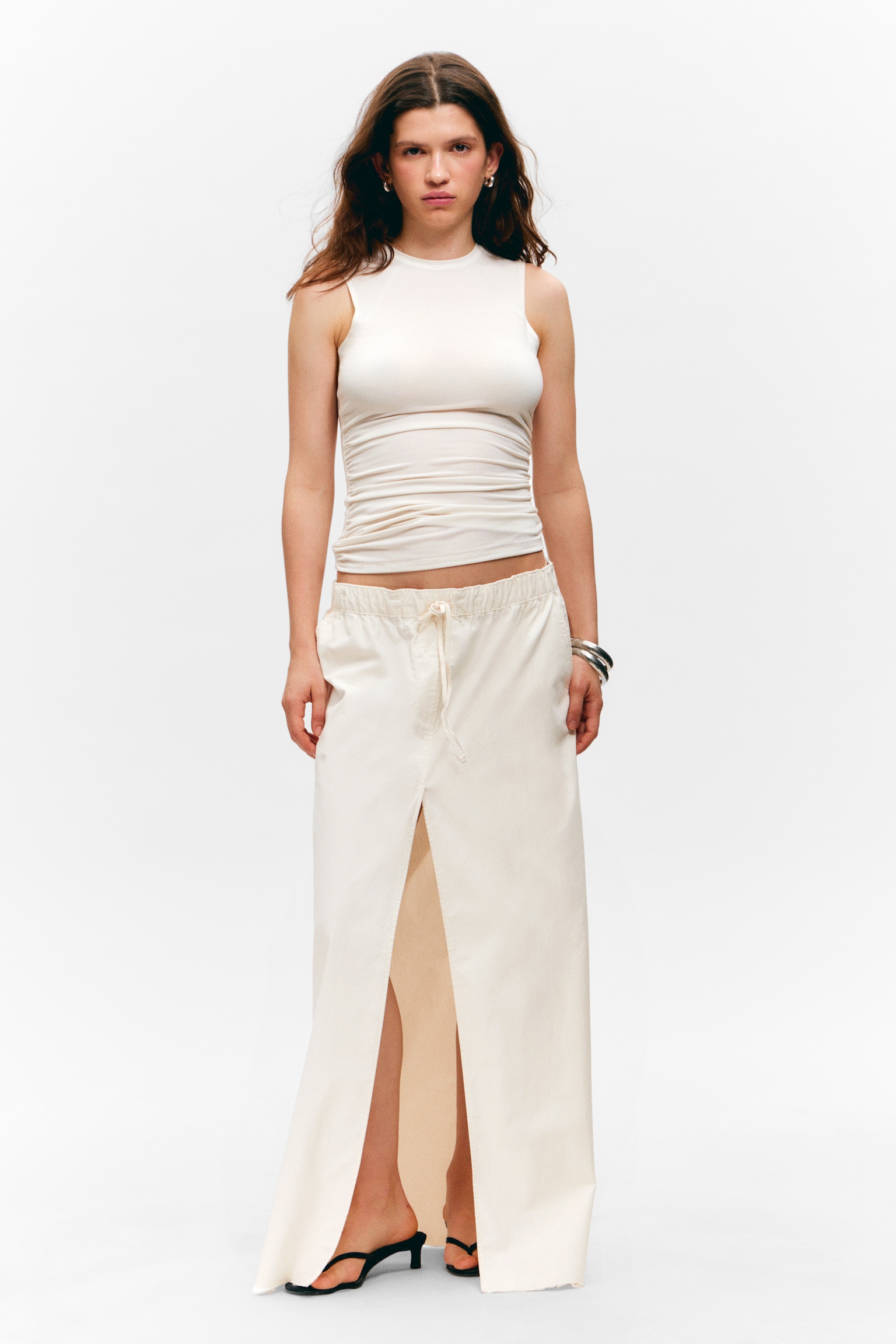 Maxi gonna in tela di cotone con coulisse - Bianco/Marrone scuro