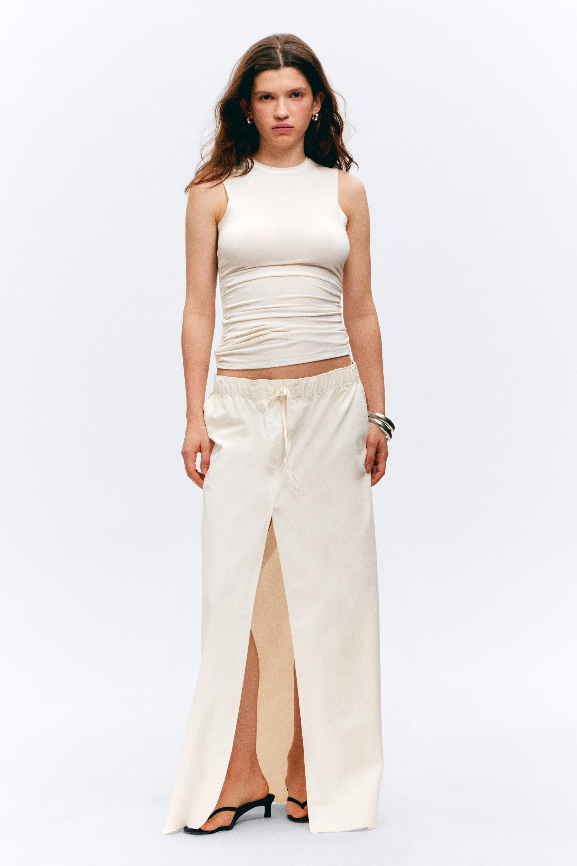 #ECE9E2 - Drawstring Cotton Canvas Maxi Skirt - 1