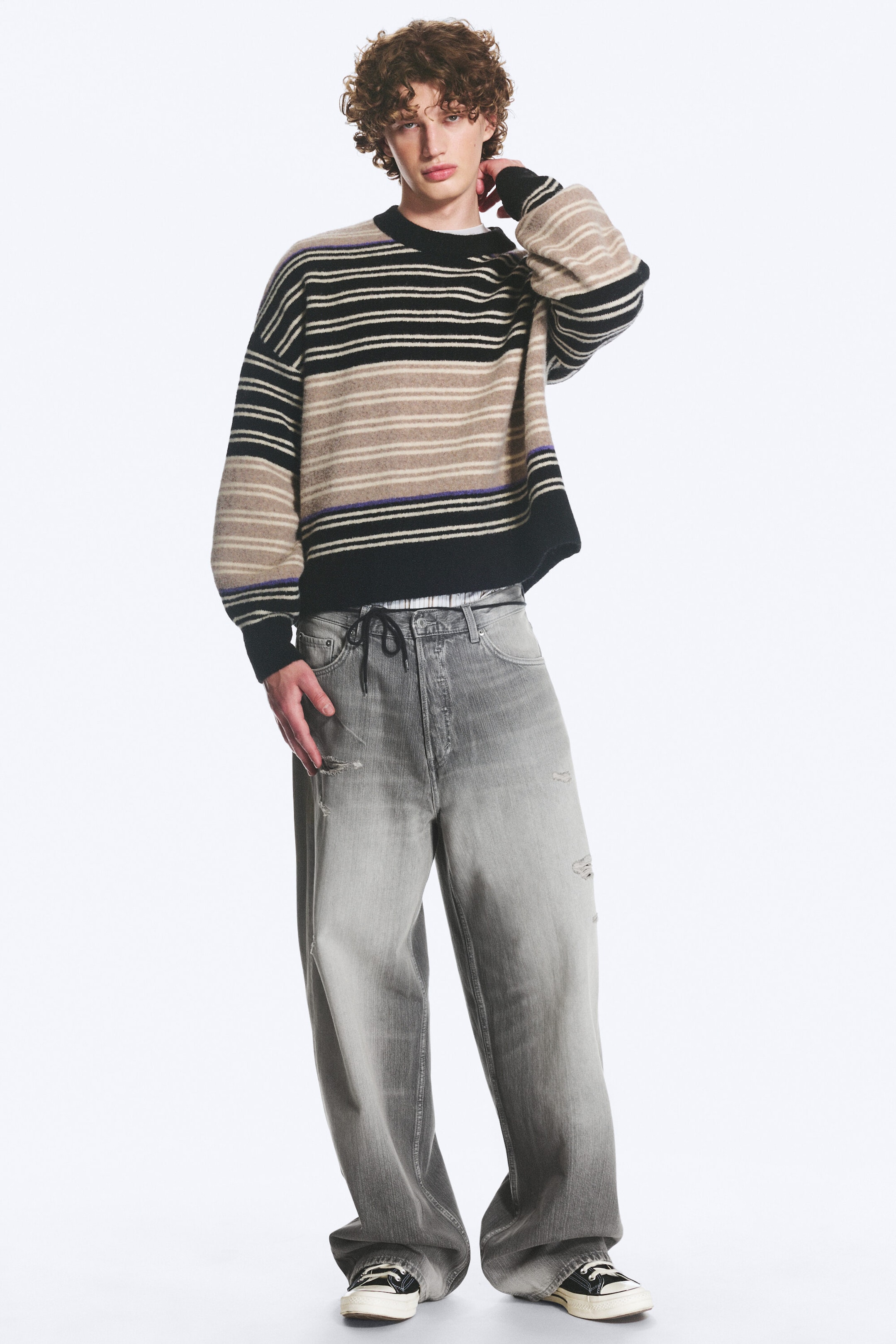 Svart/Beige randig - Avslappnad jumper i ullblandning - 1