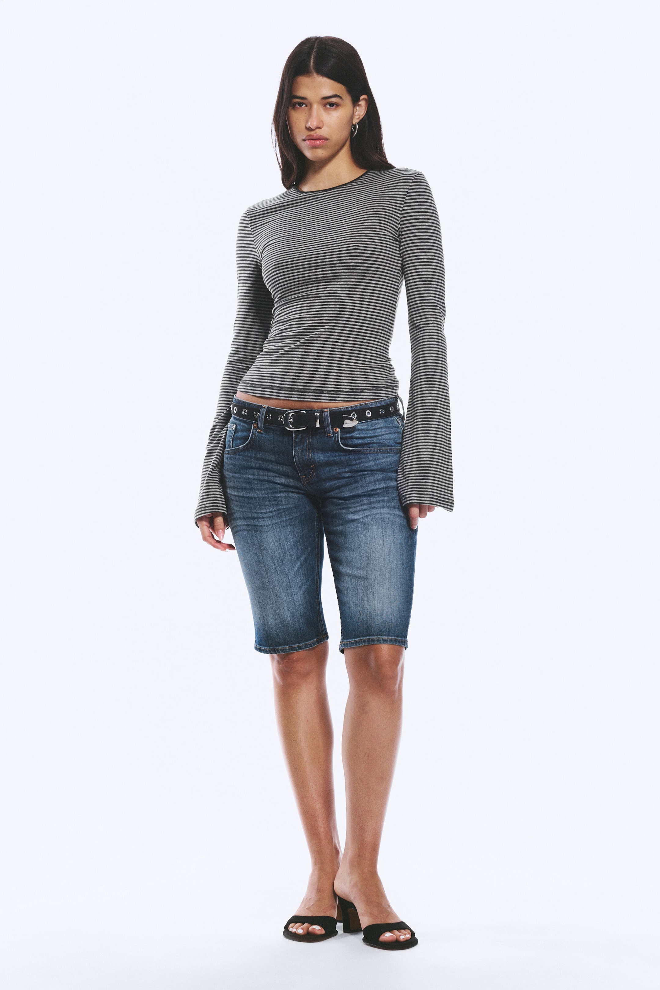 Svart & grå-randig - Långärmad topp i bomull - 2