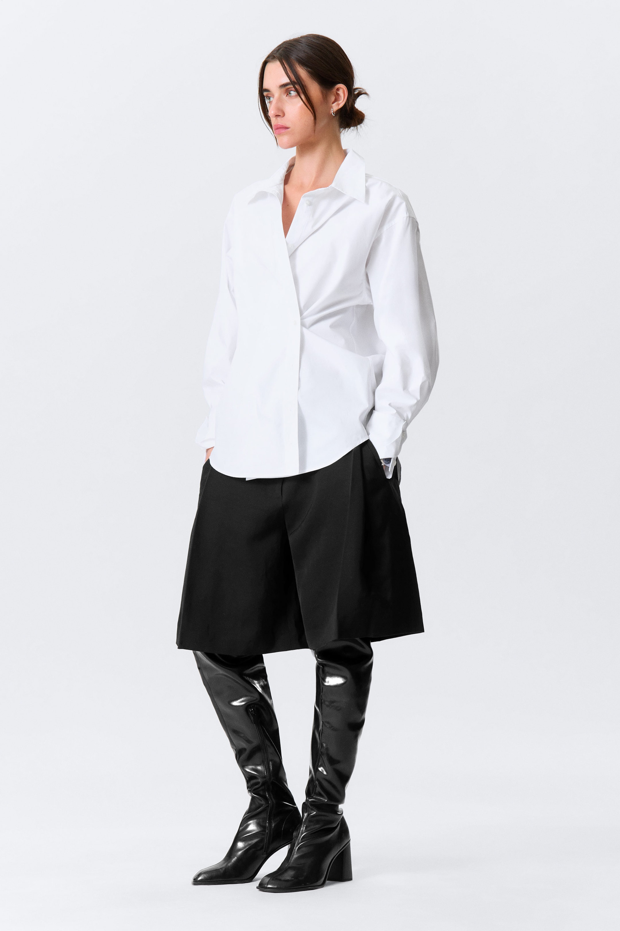 White - Cross-Buttoned Long-Sleeved Cotton Shirt - 1