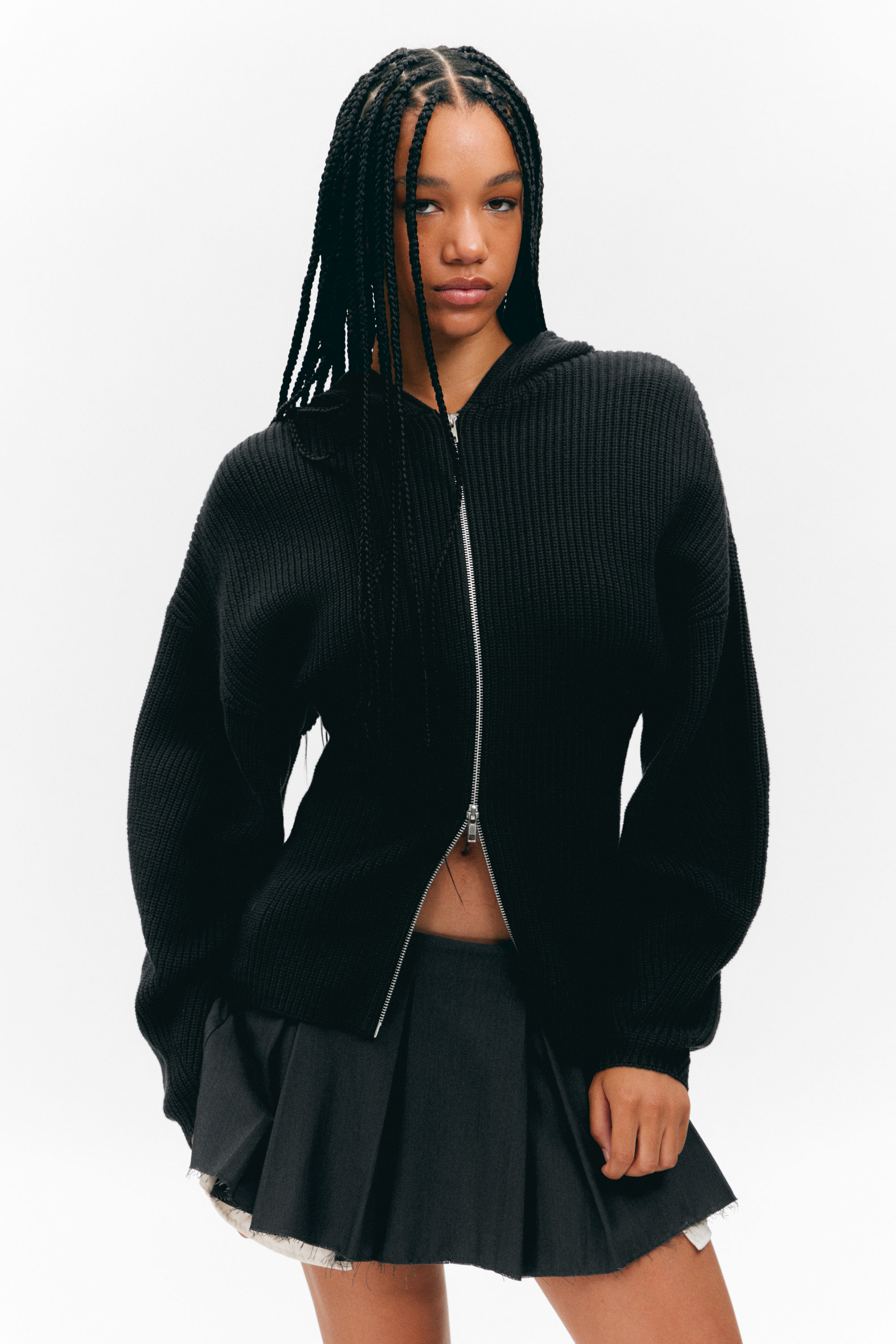 Schwarz - Langer Strickhoodie mit Reißverschluss - 1