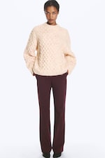 Beige - Rose chiné - Pull texturé en maille torsadée longue - 1
