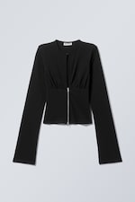 Schwarz - Schmales langärmliges Oberteil mit Reißverschluss - 0