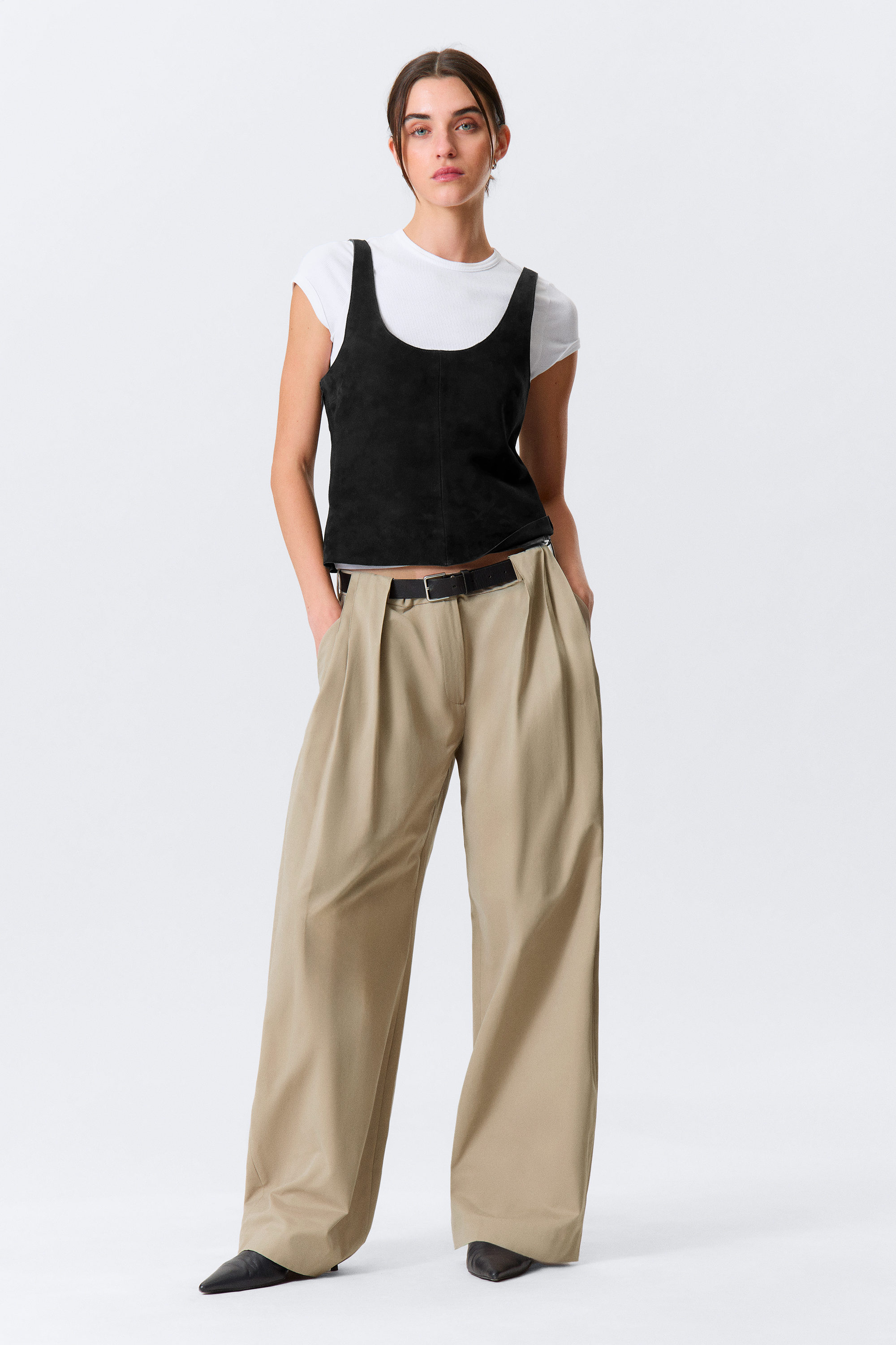 Black - Scooped Leather Tank Top - 2