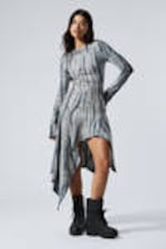 Dark Green - Tie-Dye - Long-Sleeved Asymmetric Midi Dress - 0