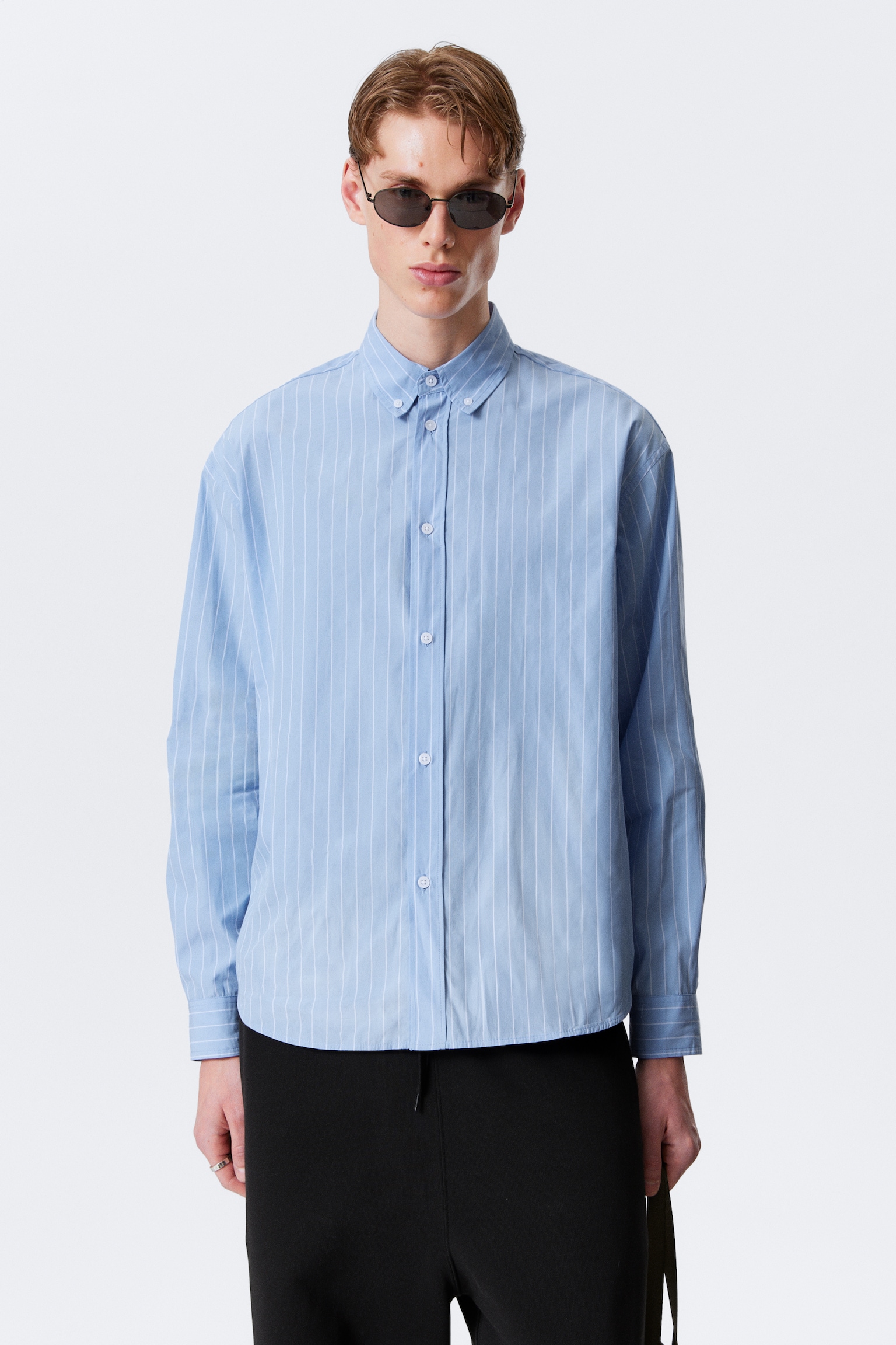 Chemise oversize rayée en popeline - Bleu clair rayé