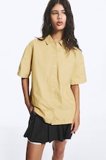 Beige - Oversized kortärmad skjorta i bomullscanvas - 0