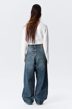 Blue Hymn - Mellanblå - Astro Mid Waist Loose Baggy Leg Unisex Jeans - 4