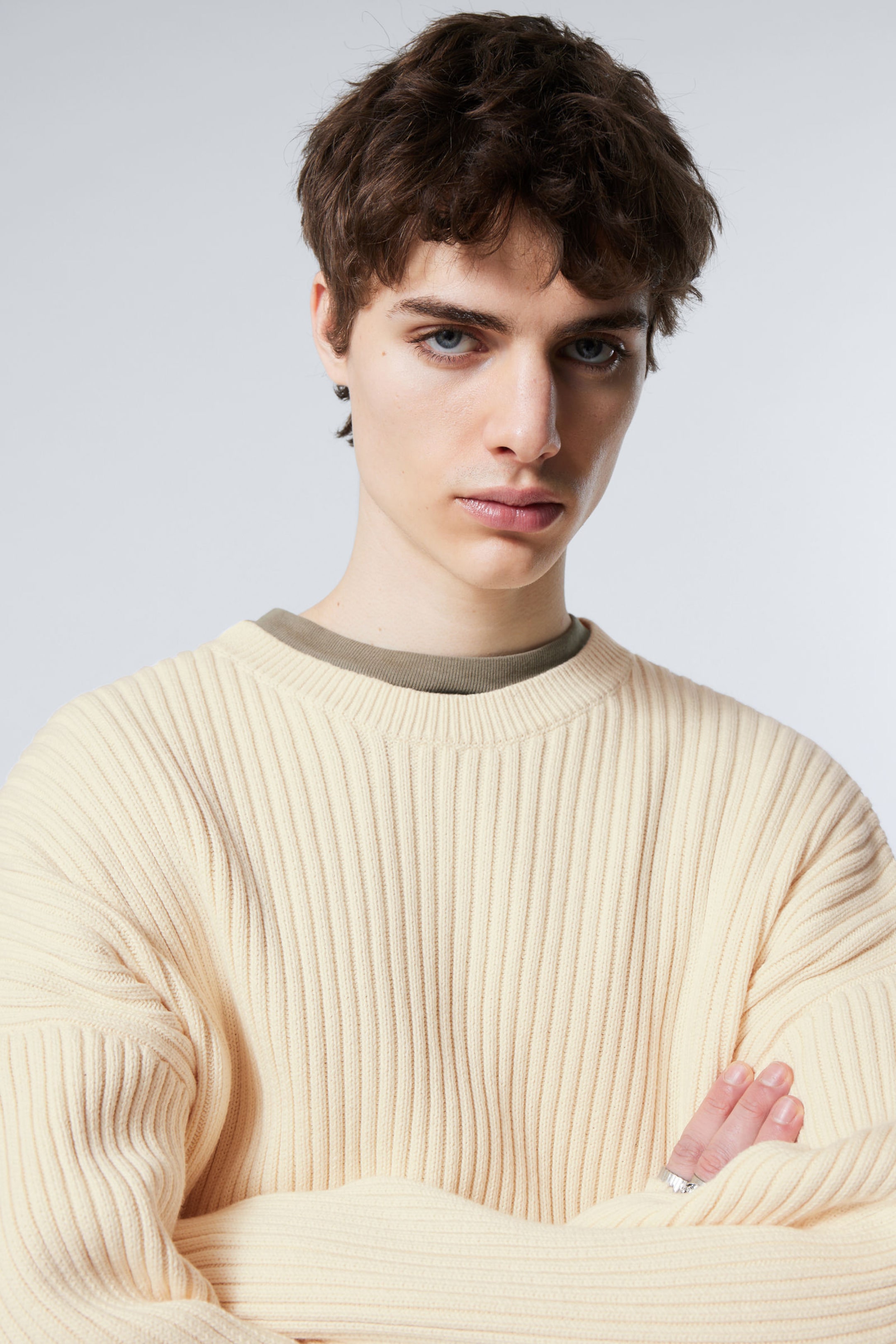 Dusty White - Loose Ribbed Cotton Sweater - 2