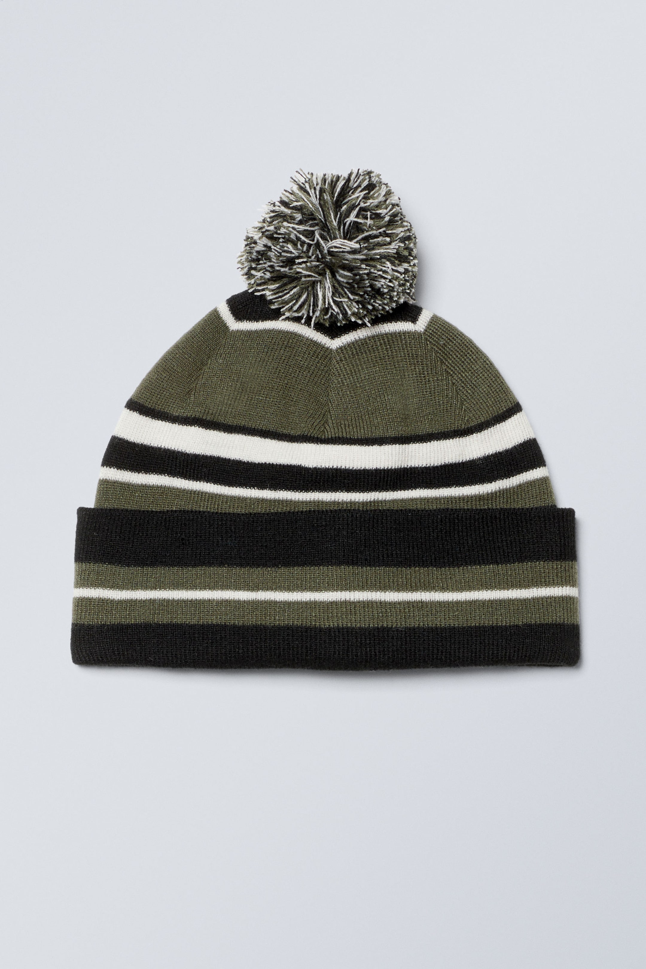 Dark Khaki Green Stripe - Sporty Pom Pom Beanie