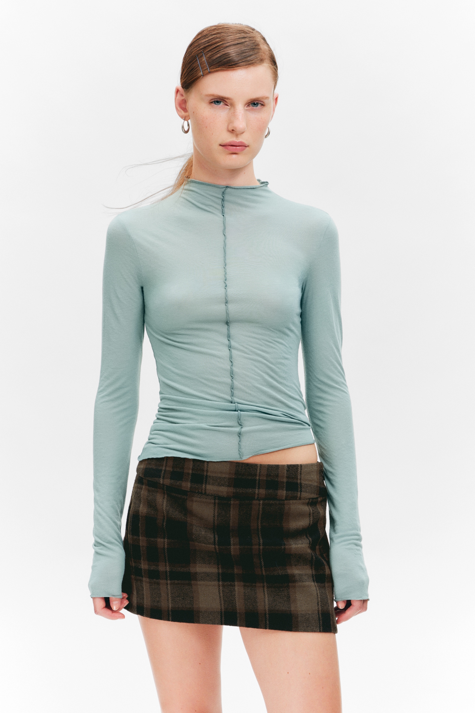 Langarm-Top mit schmaler Passform und Stehkragen - Türkis/Beige/Schwarz - 3