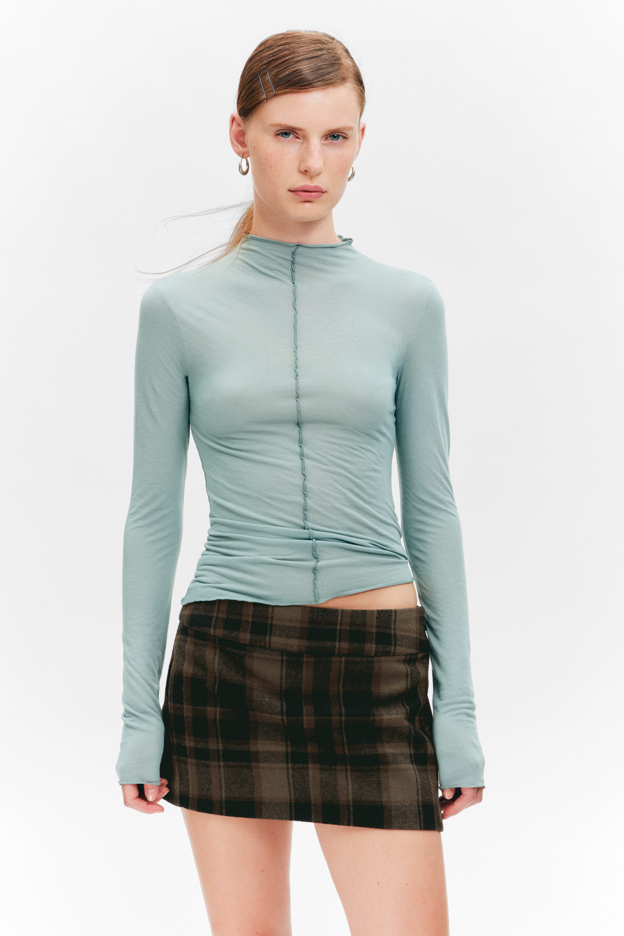 Turquoise - Slim Fit Long-Sleeved Mock-Neck Top - 2