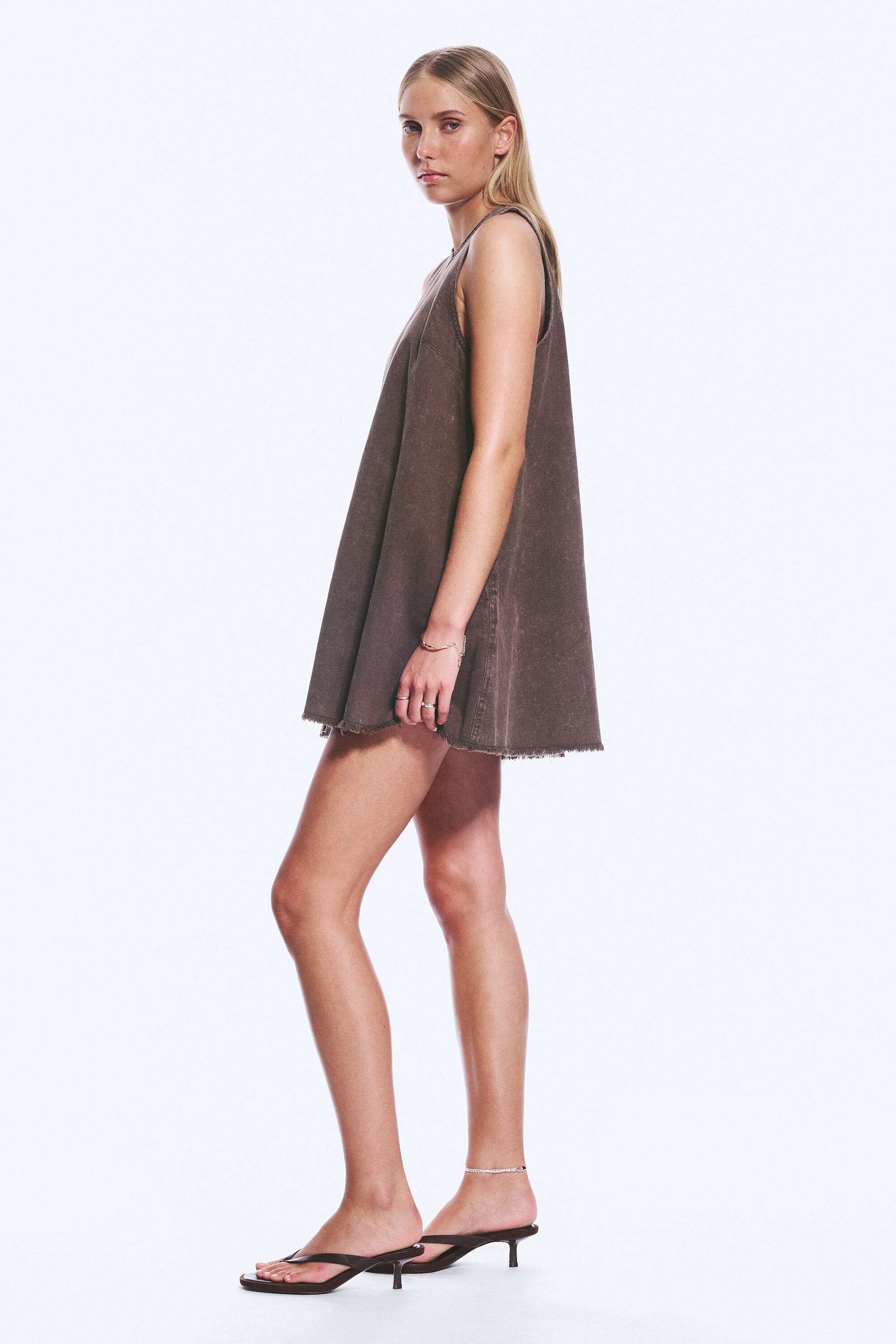 Washed Dark Brown - Sleeveless Cotton Twill Mini Dress - 2